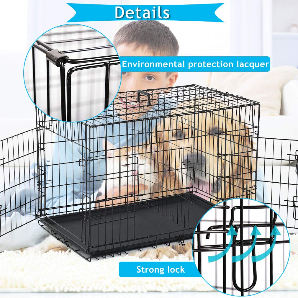 Dkeli 42 Dog Crate Kennel Cage - Portable, Foldable, Double Door Wire Metal Pet Cage with ABS Tray & Divider, Black