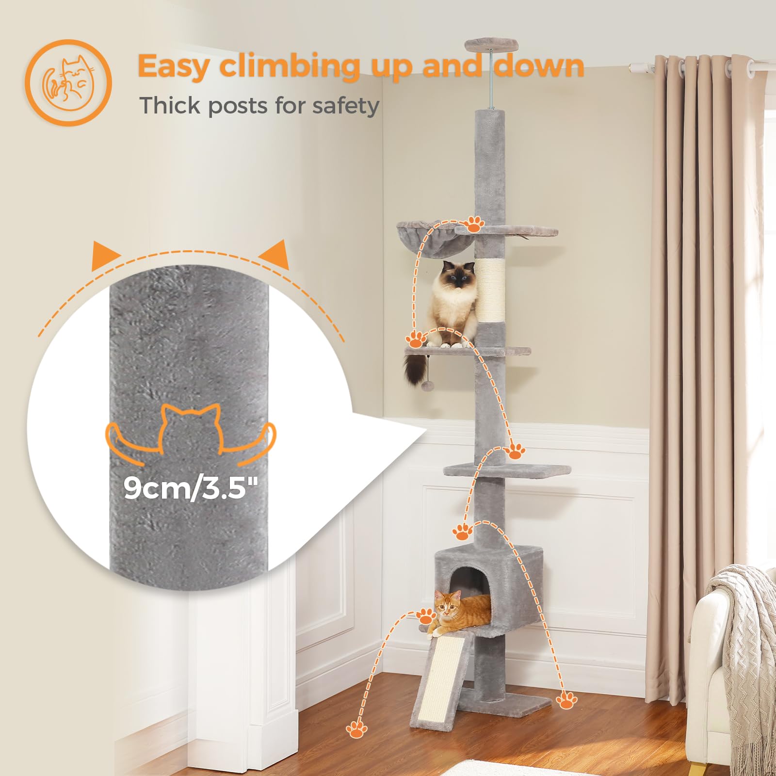 Petepela Floor To Ceiling Cat Tree, Cat Tower 5 Tiers Tall (83-108 Inches) Adjustable Height, Cats Climbing Tree Featuring With