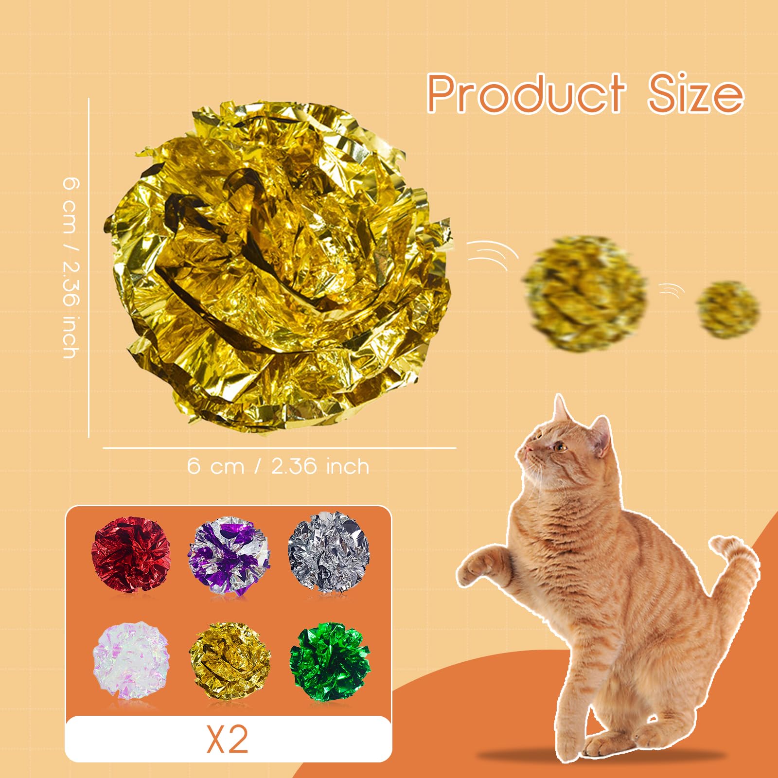 Andiker Cat Crinkle Balls, 2.36 Inches 6 Colors 12pcs Cat Balls Chew and Chase Kitten Mylar Crinkle Ball Lightweight Cats Toys f