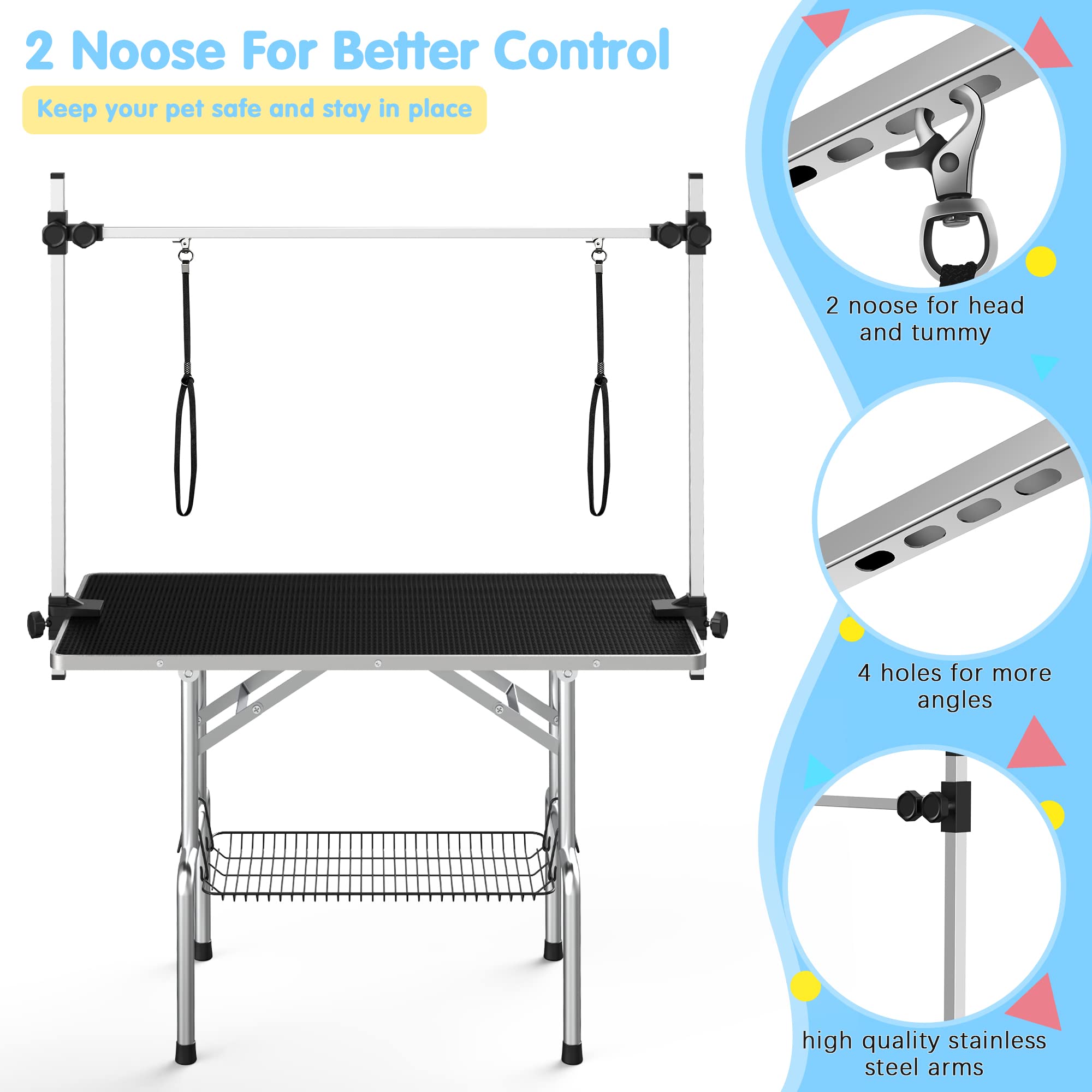 Lyromix Dog Grooming Table, Adjustable Cat Drying Desktop With Arms, Nooses, Mesh Tray, Foldable Pet Station At Home, Maximum Ca