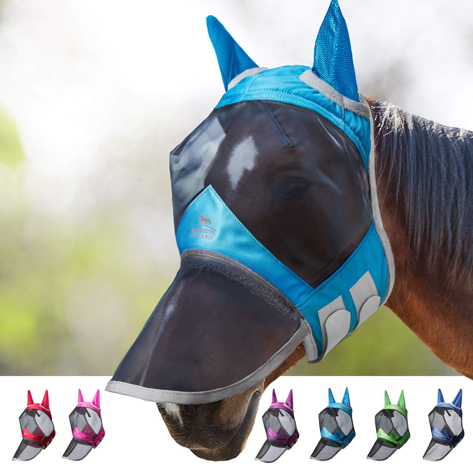 Harrison Howard CareMaster Pro Luminous Horse Fly Mask Large Eye Space Long Nose with Ears UV Protection for Horse Sky Blue L Fu