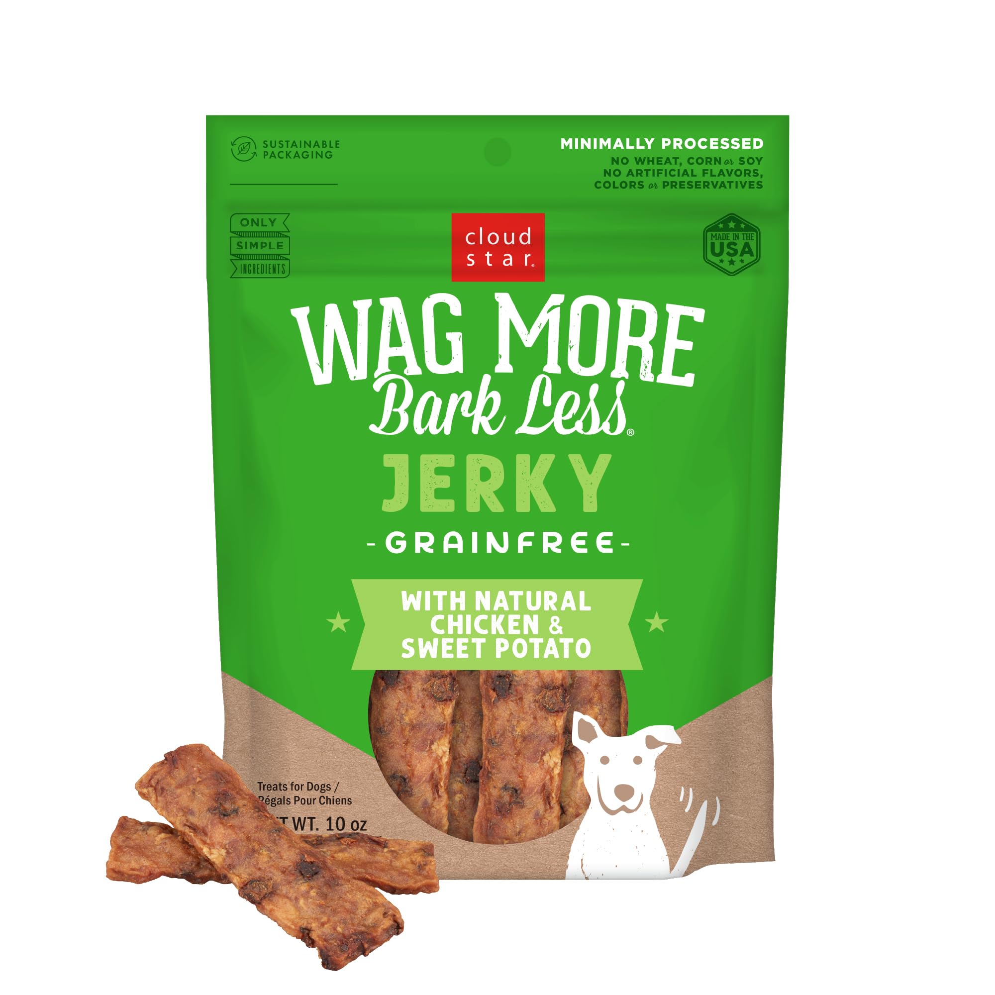 Cloud Star Wag More Bark Less Chicken & Sweet Potato Recipe Grain-Free Jerky Dog Treats 10 Ounce Bag, Model: 693804191113