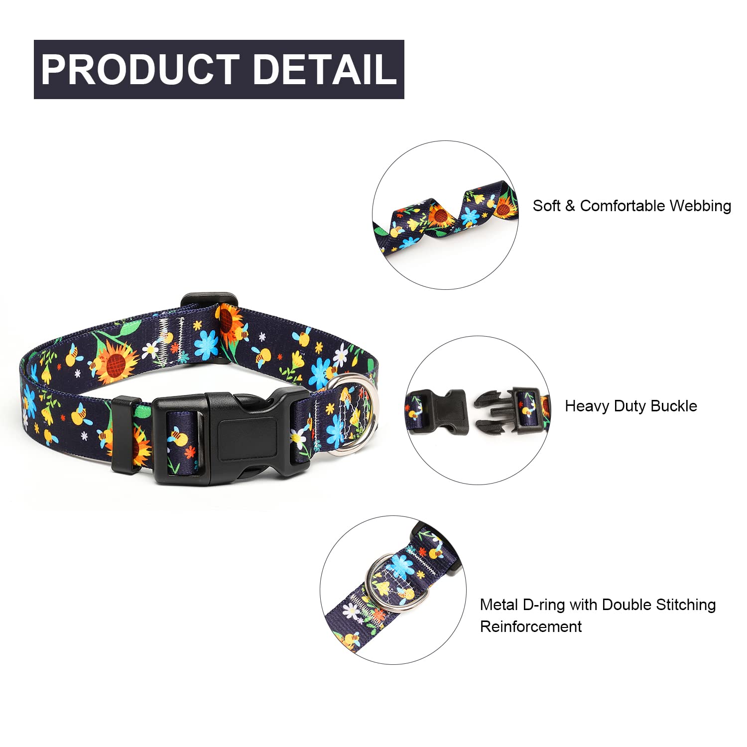 Mercano Adjustable Dog Collar - Special Design Patterns, Soft Nylon Comfortable Durable Pet Collar For Small Medium Large Dogs (S, Sunflower)