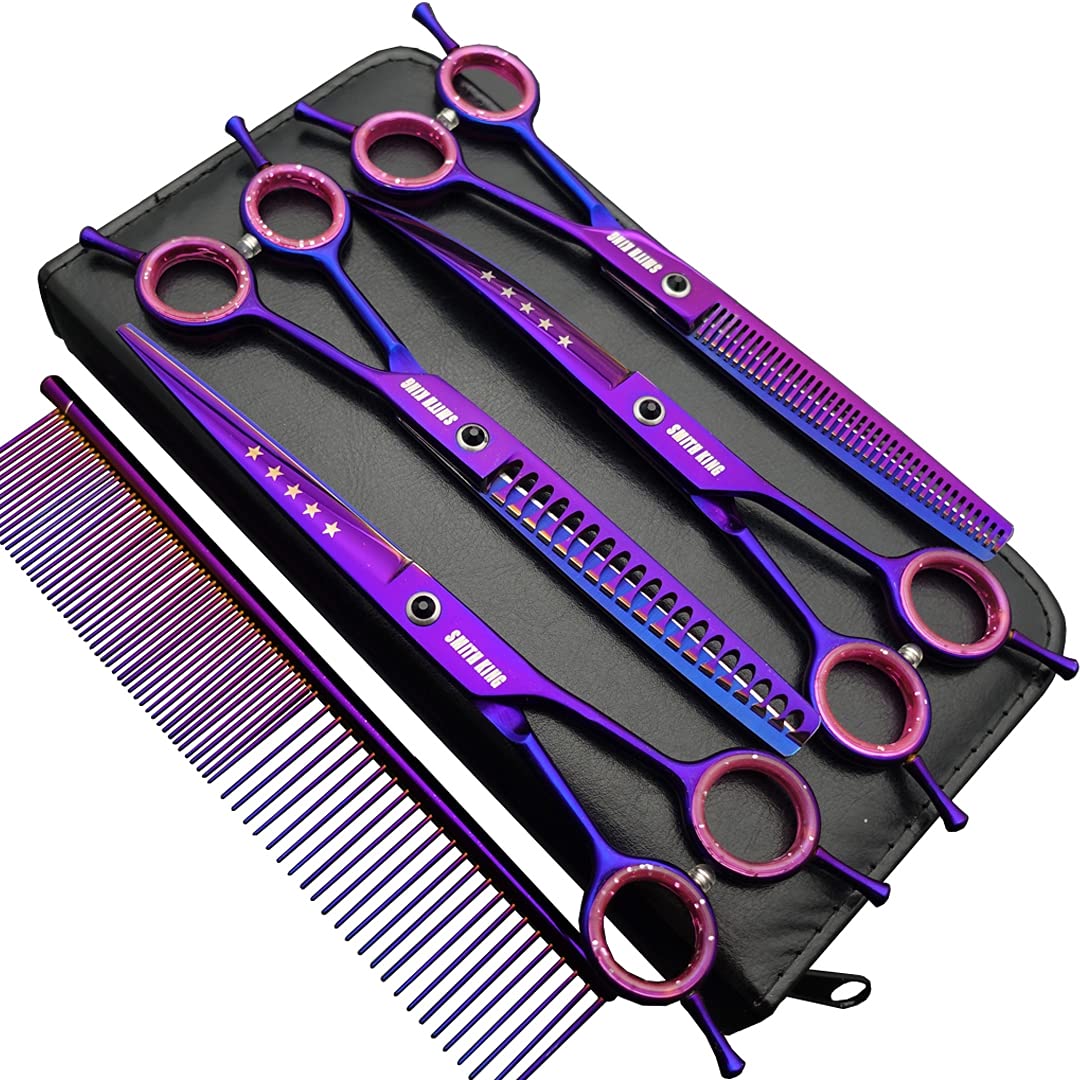 7.0 Inches Professional Dog Grooming Scissors Set Straight & Thinning & Curved & Chunkers & Comb 5Pcs In 1 Set For Left-Handed &