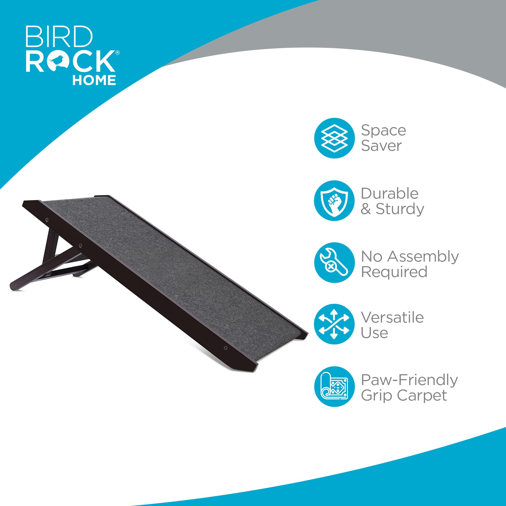 Birdrock Home Adjustable Pet Ramp For Small Dogs, Cats, Puppies - Foldable Wooden Dog Ramp For Couch, Bed, Car - Indoor Or Outdoor- Safe, Portable, Non-Slip Carpet - 16', Espresso