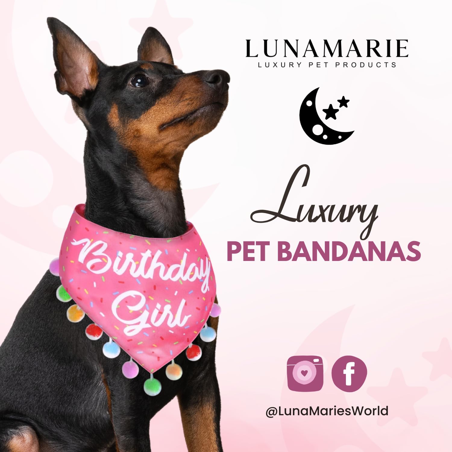 Lunamarie - Luxury Pet Birthday Bandanas -Premium & Silky Poly Fabric | 100% Handmade | Custom Shape Dual Layered (Birthday Girl