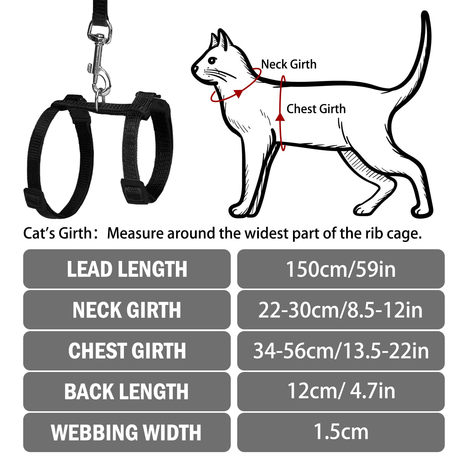 Pupteck Adjustable Cat Harness And Leash Set Escape Proof Kitten Strap Collar For Walking Travel, Black, M