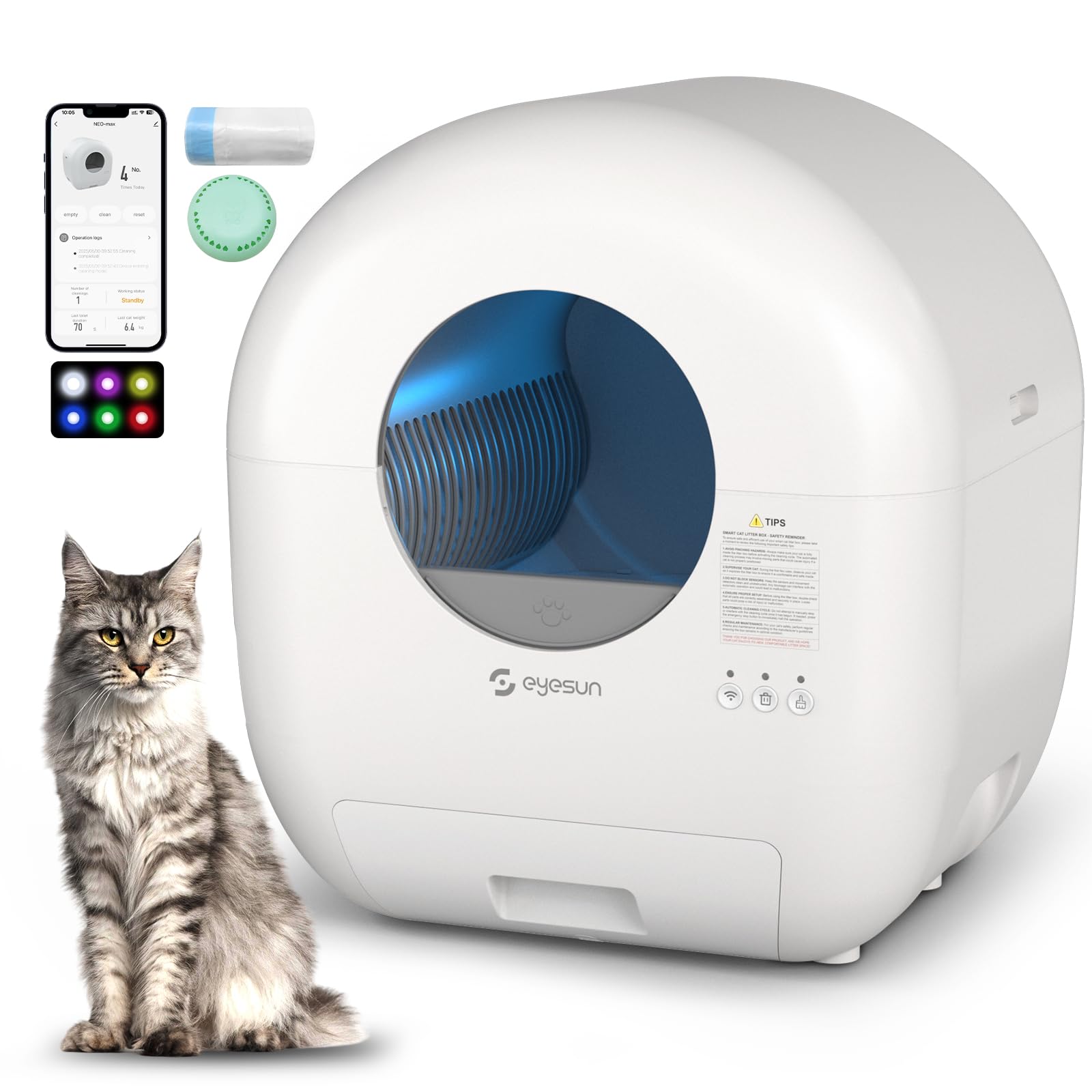 Self Cleaning Litter Box,76L Automatic Cat Litter Box Self Cleaning with APP Control,Low Noise,Safety Protection,Roll Garbage Ba
