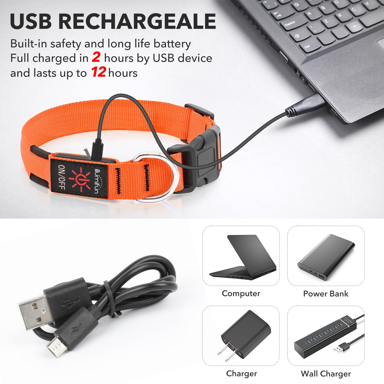 Illumifun Led Dog Collar, Usb Rechargeable Lighted Up Dog Collar, Adjustable Glowing Pet Safety Collar Light For Your Dogs Walking At Night (Orange, Medium)