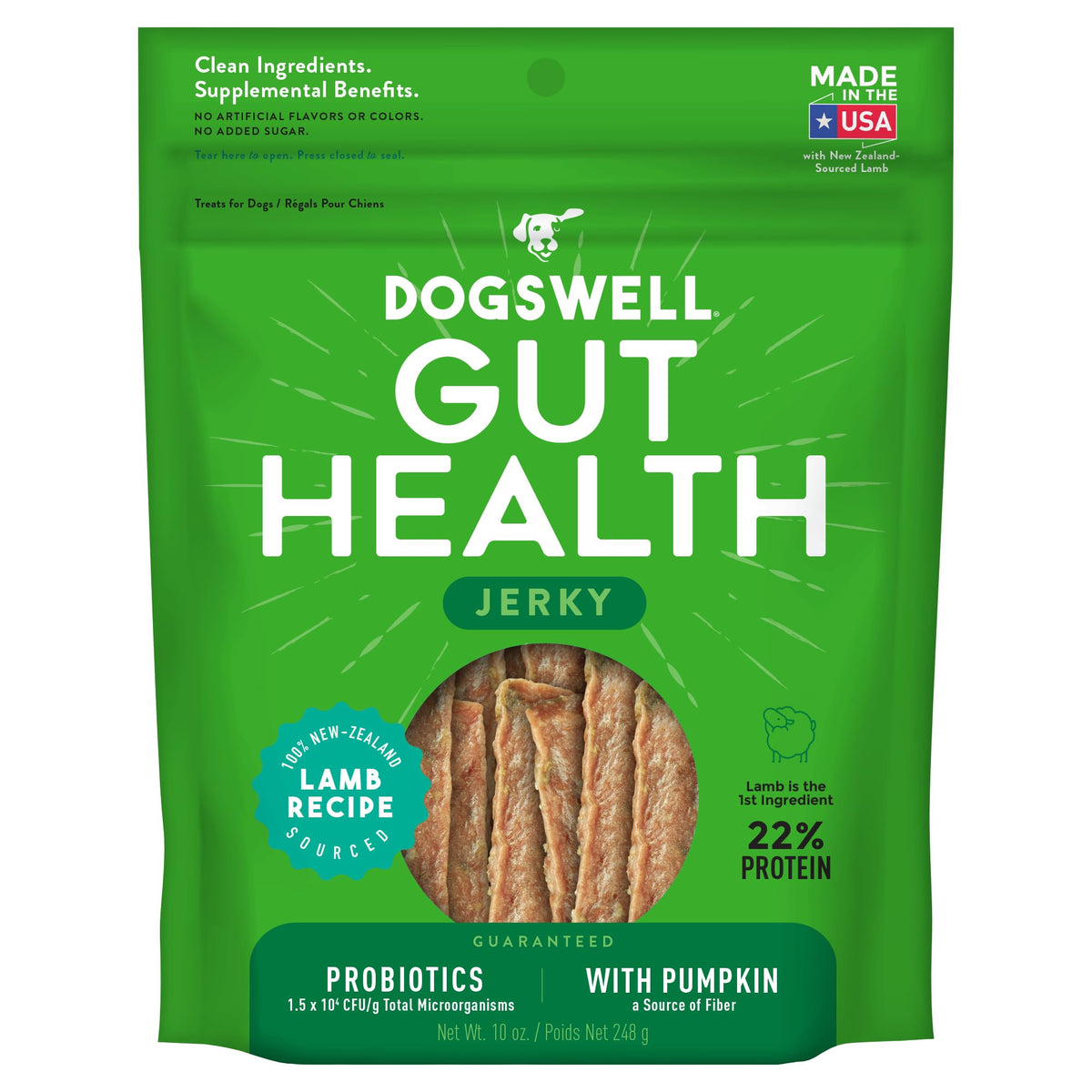 Dogswell Gut Health Meaty Jerky Dog Treats, Lamb, 10 Oz. Pouch