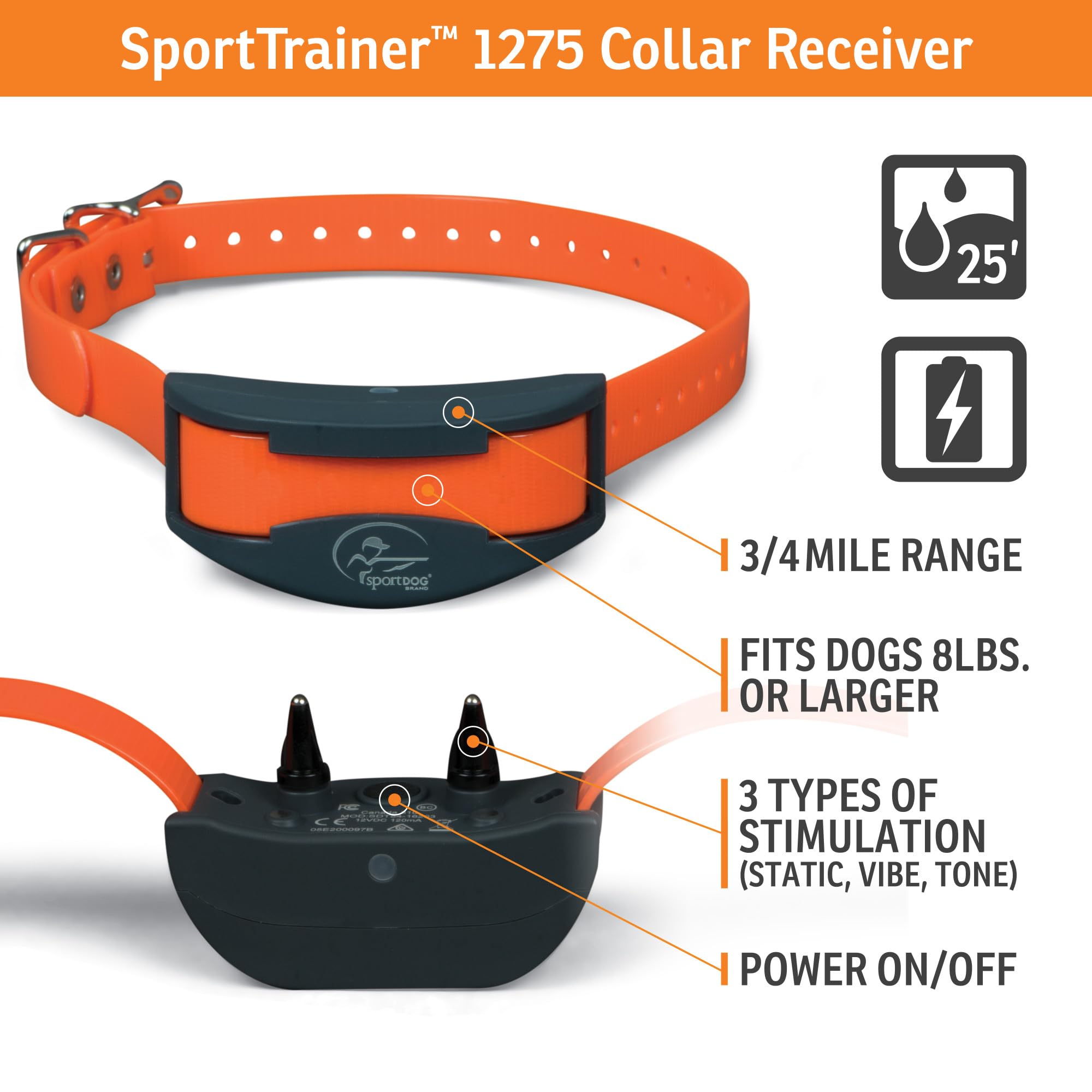 Sportdog Brand Sporttrainer 1275 Static Collar - 3/4 Mile Range - Oled Screen - Waterproof, Rechargeable E-Collar With Remote -