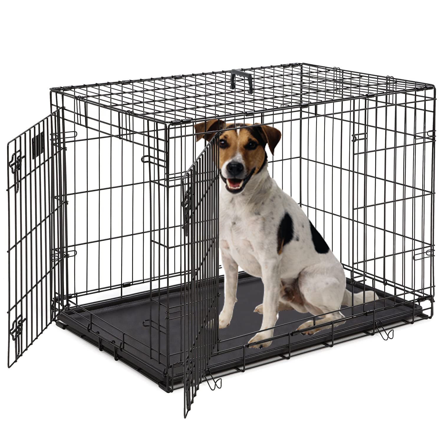 Large Dog Crate, 42 Inches Double Door Pet Crate Folding Metal Wire Dog Cage Pet Dog Kennel With Divider Panel, Leak-Proof Plast