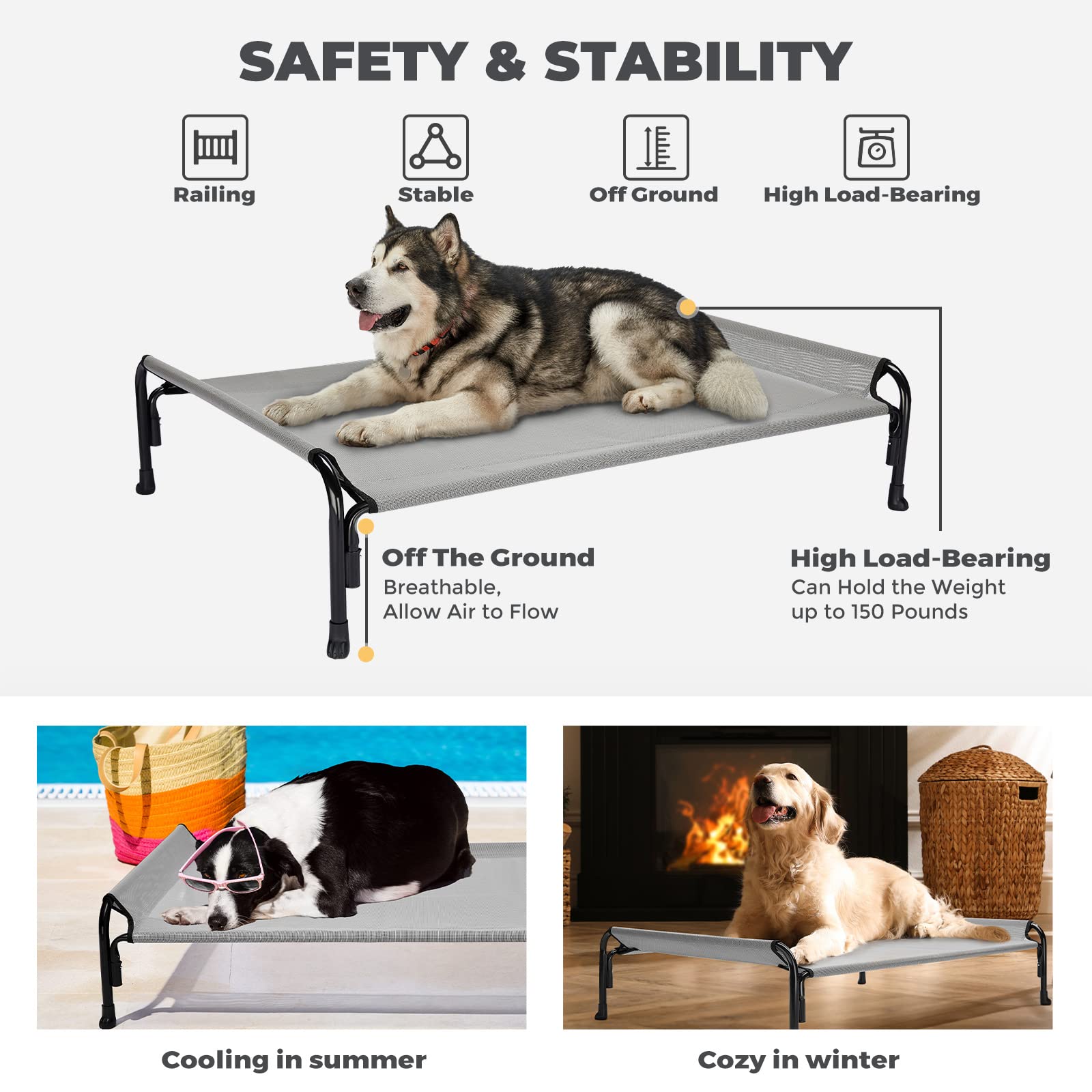 Veehoo Elevated Dog Bed, Outdoor Raised Dog Cots Bed For Large Dogs, Cooling Camping Elevated Pet Bed With Slope Headrest For Indoor And Outdoor, Washable Breathable, X-Large, Grey, Cwc2204