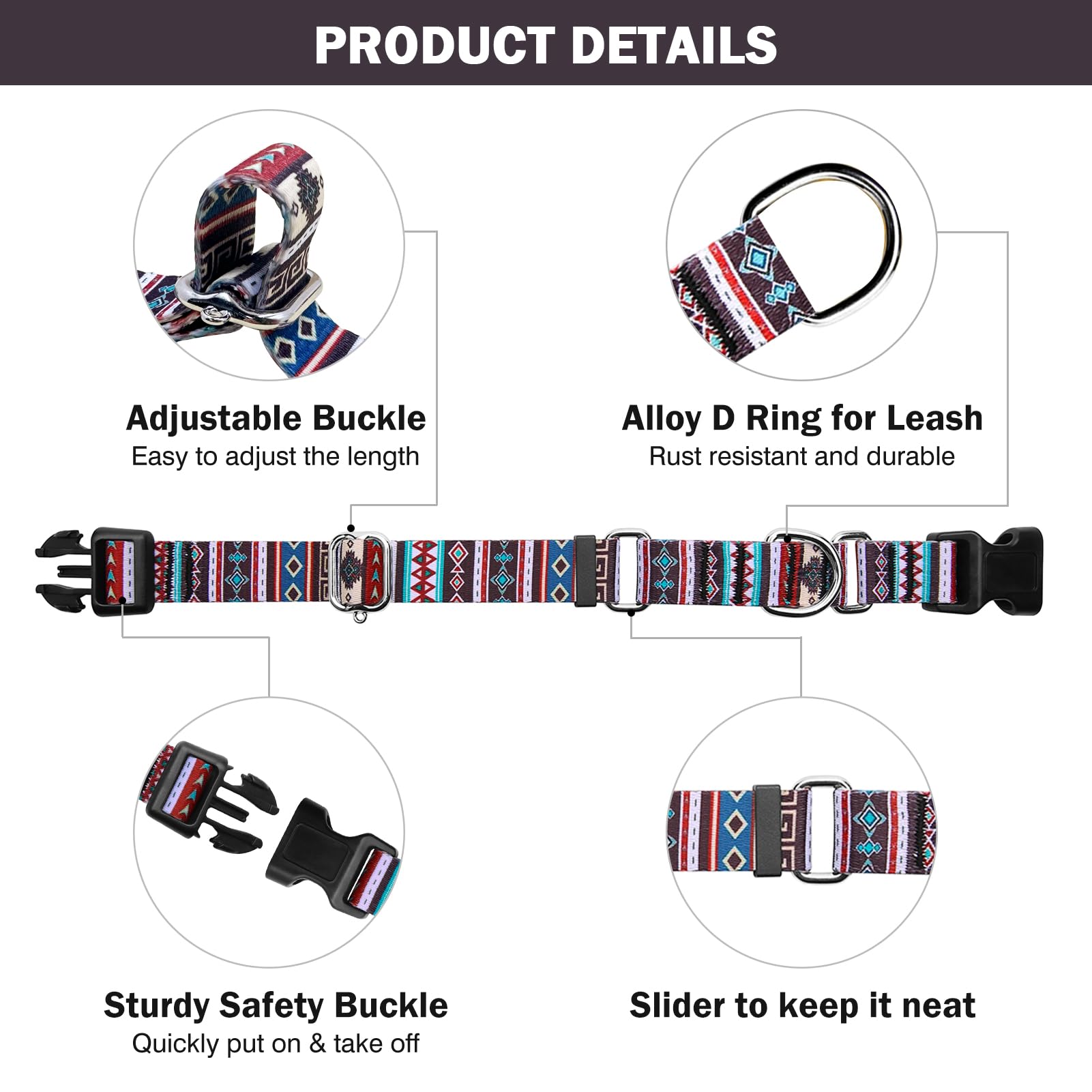 Hikiko Martingale Collar For Dogs With Bohemia Tribal Pattern Soft Nylon Strong Dog Collars For Small Medium Large Dogs Walking