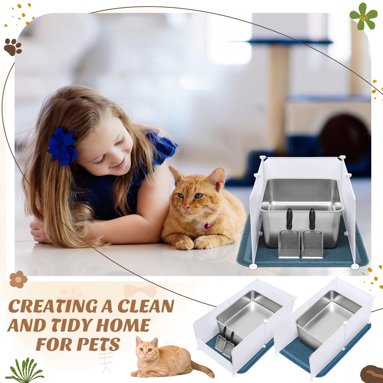 Tioncy 3 Sets Extra Large Stainless Steel Cat Litter Box 23.6 x 15.7 x 8 Inch Include Metal Trash Pan Mats Splash Guard High Sid