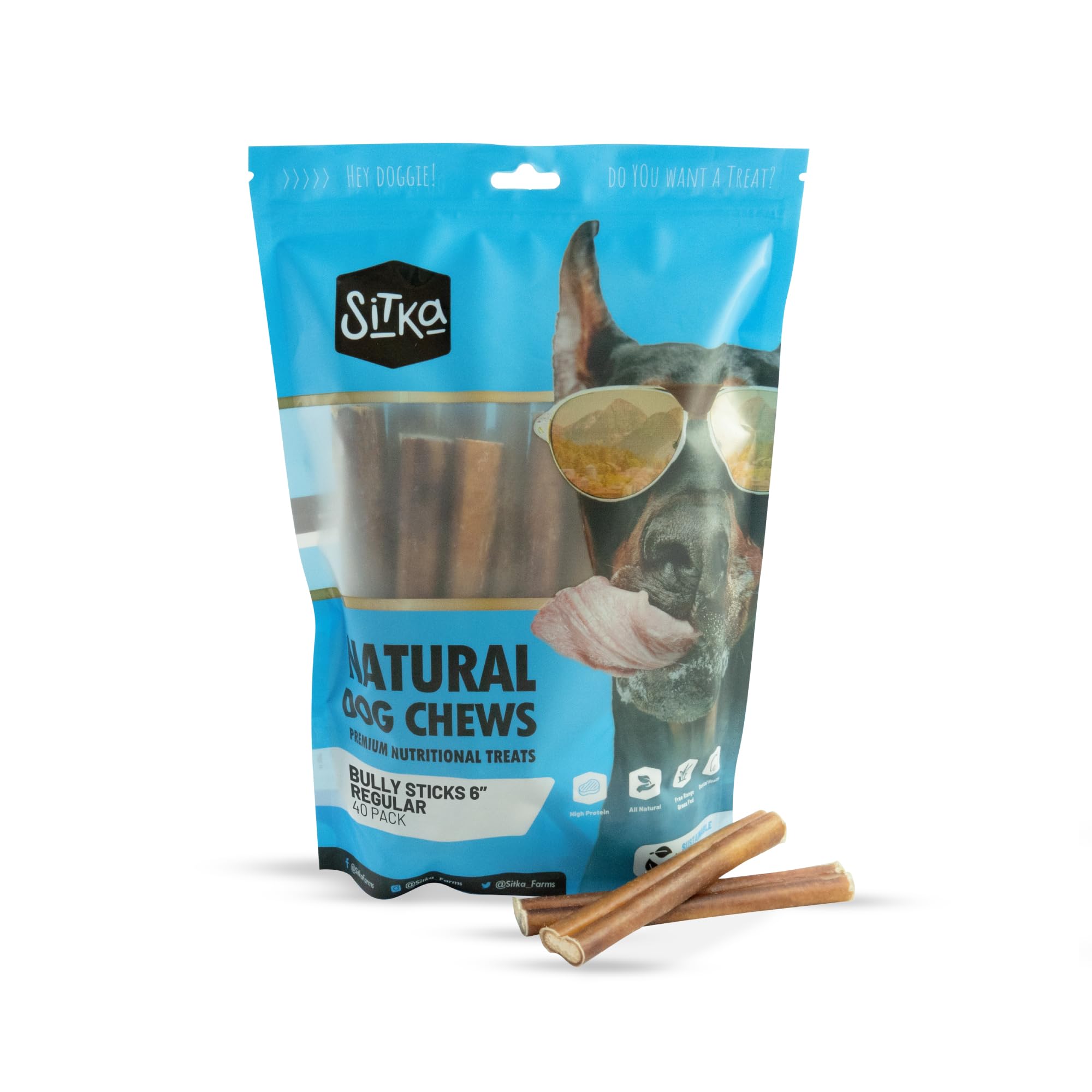 Sitka Farms Bully Sticks - Long Lasting Natural Chew Treats for Dogs - 6 Inch, 40 Count