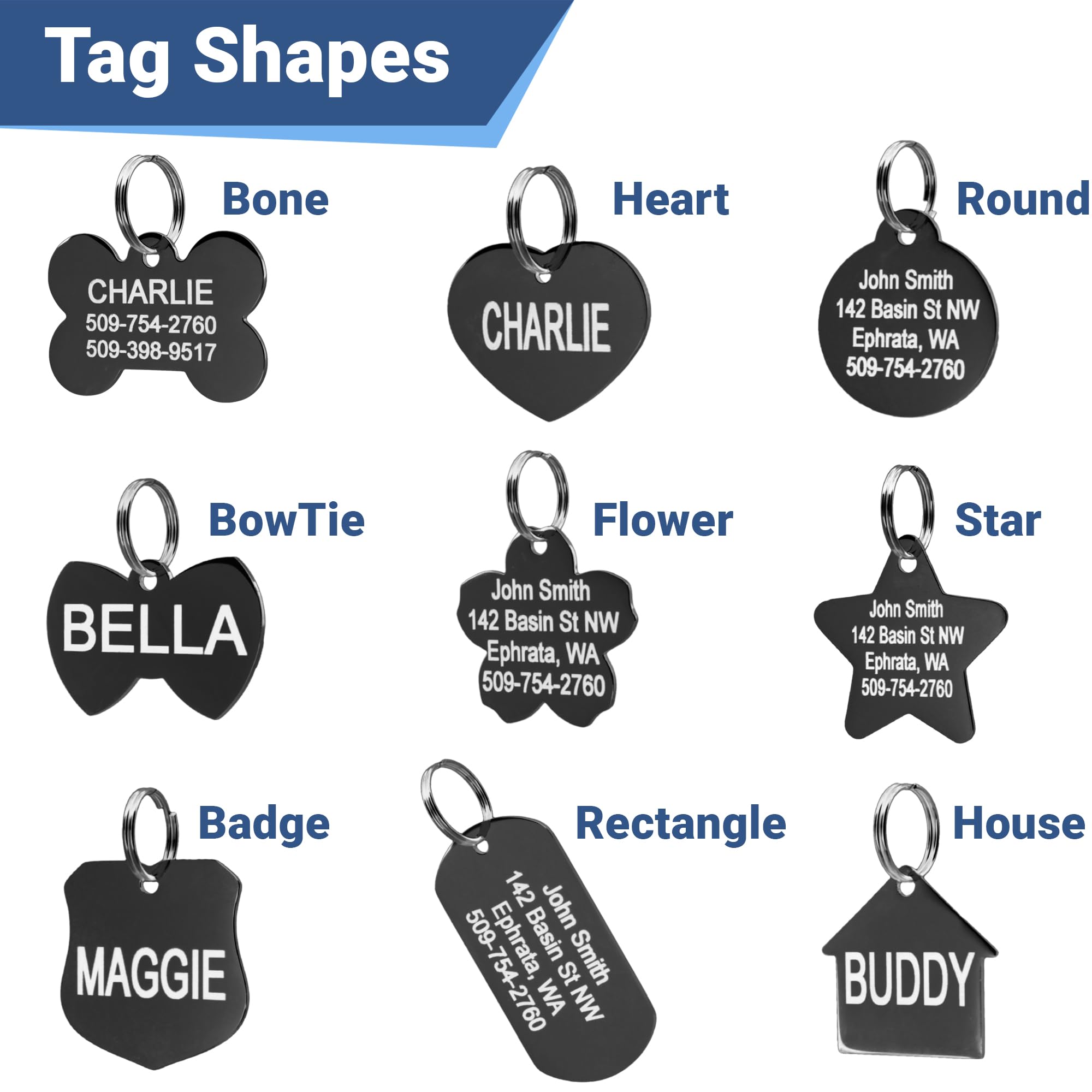 Gotags Dog Tags Personalized Engraved Pet Id Tags, Stainless Steel, Front And Backside Engraving, Available In Bone, Round, Hear