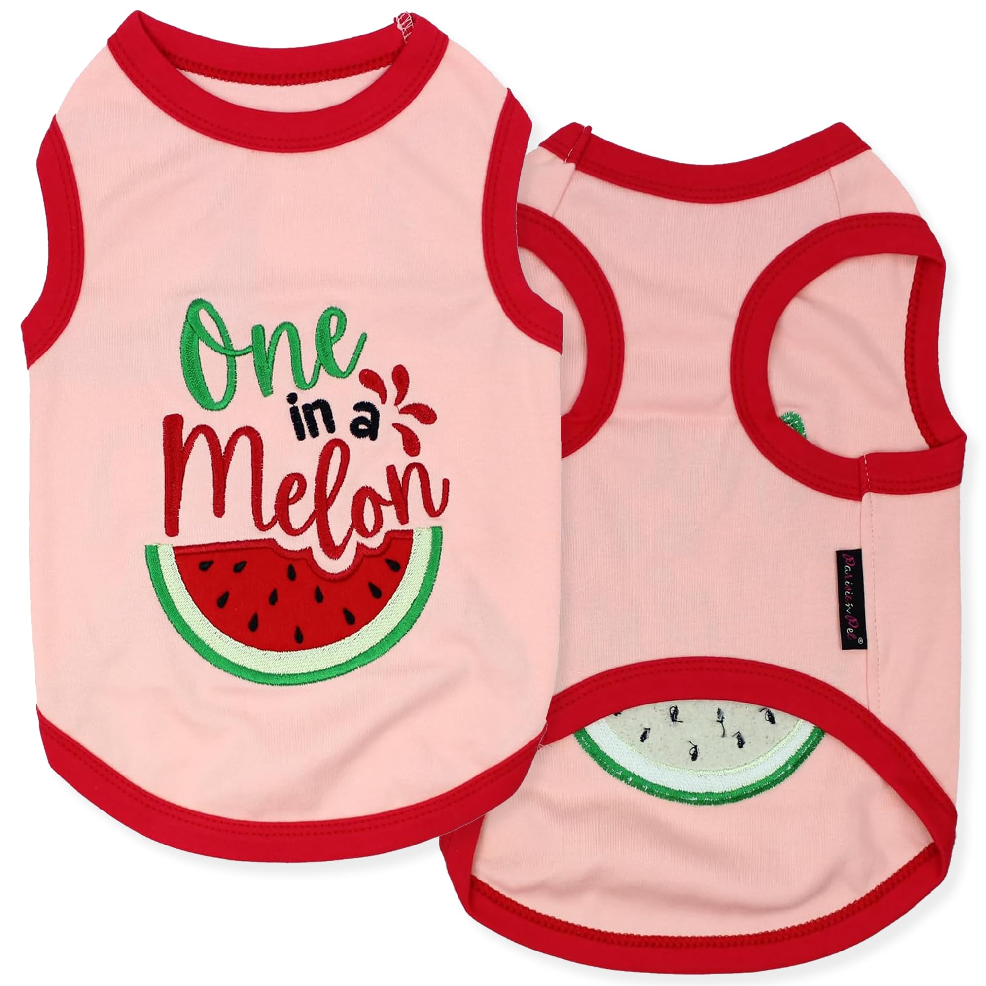 Parisian Pet Embroidered 'One In A Melon' Tshirt - 100% Cotton Lightweight Dog Clothes - Sleeveless Tee - Machine Washable - For