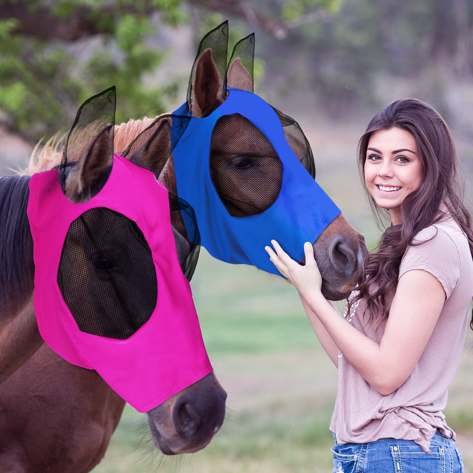 Weewooday 2 Pieces Horse Fly Masks for Horses Horse Mask with Ears Smooth and Elasticity Fly Mask with UV Protection(Royal Blue,