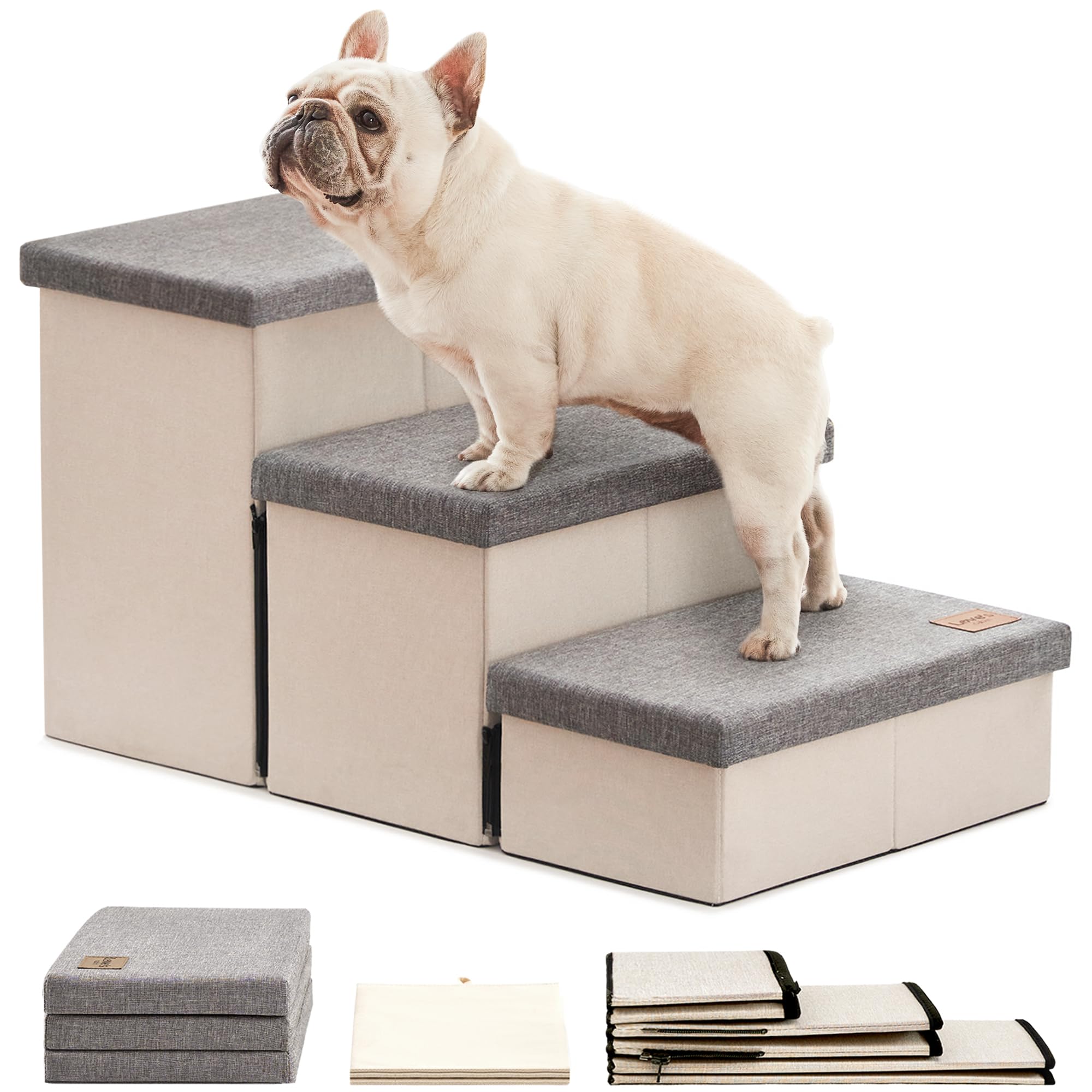 Love'S Cabin Dog Stairs For High Bed 18'H,Foldable Pet Stairs For Small Medium Or Large Dogs Puppy With Storage For Bed Or Couch, Cat Dog Steps Ramp With Zip Up To 210 Lbs(Light Grey,3 Steps No Condo)