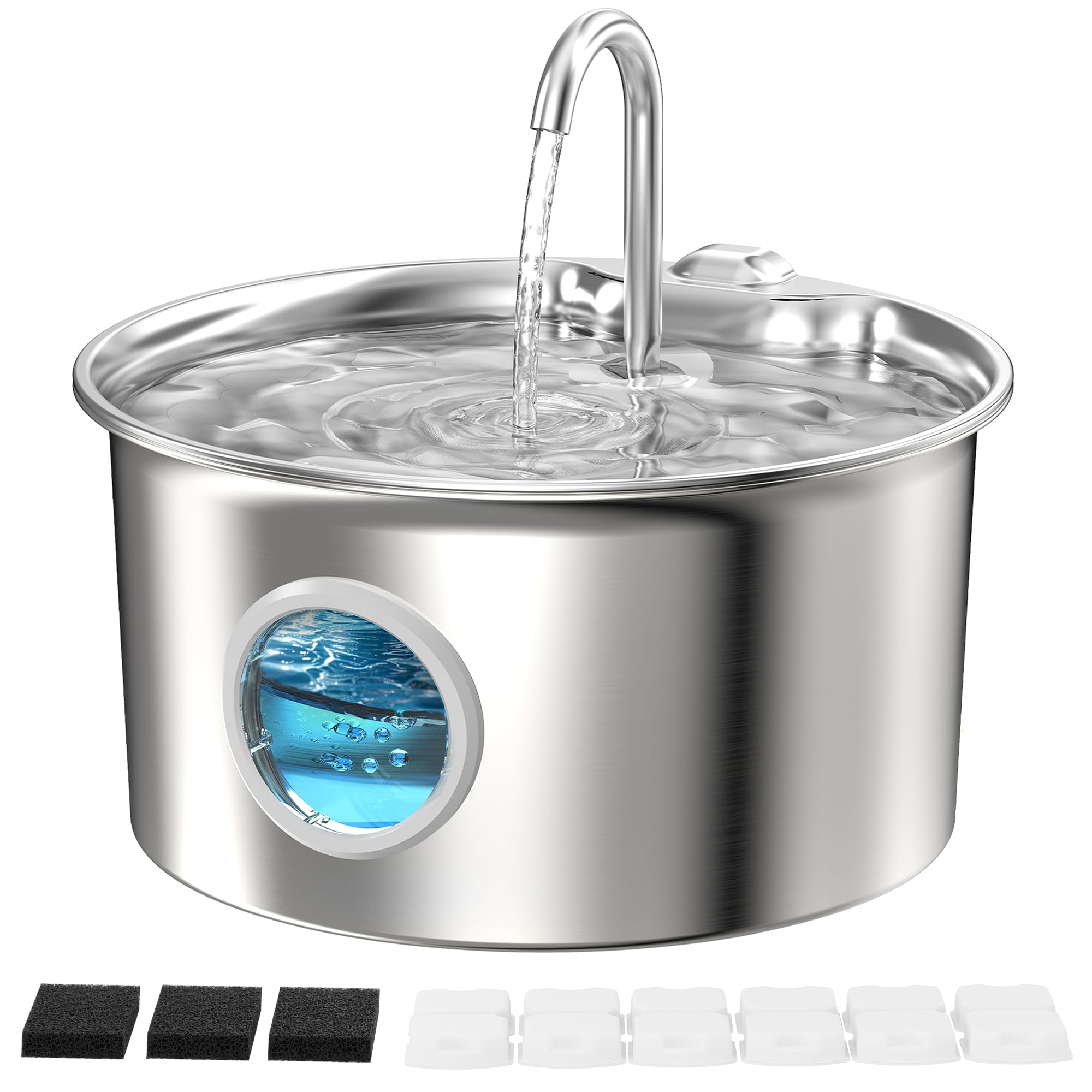 Stainless Steel Cat Water Fountain: Cat Fountain with 6 Filters + 3 Sponges - 88oz/2.6L Pet Water Fountain for Cats Inside - Sil