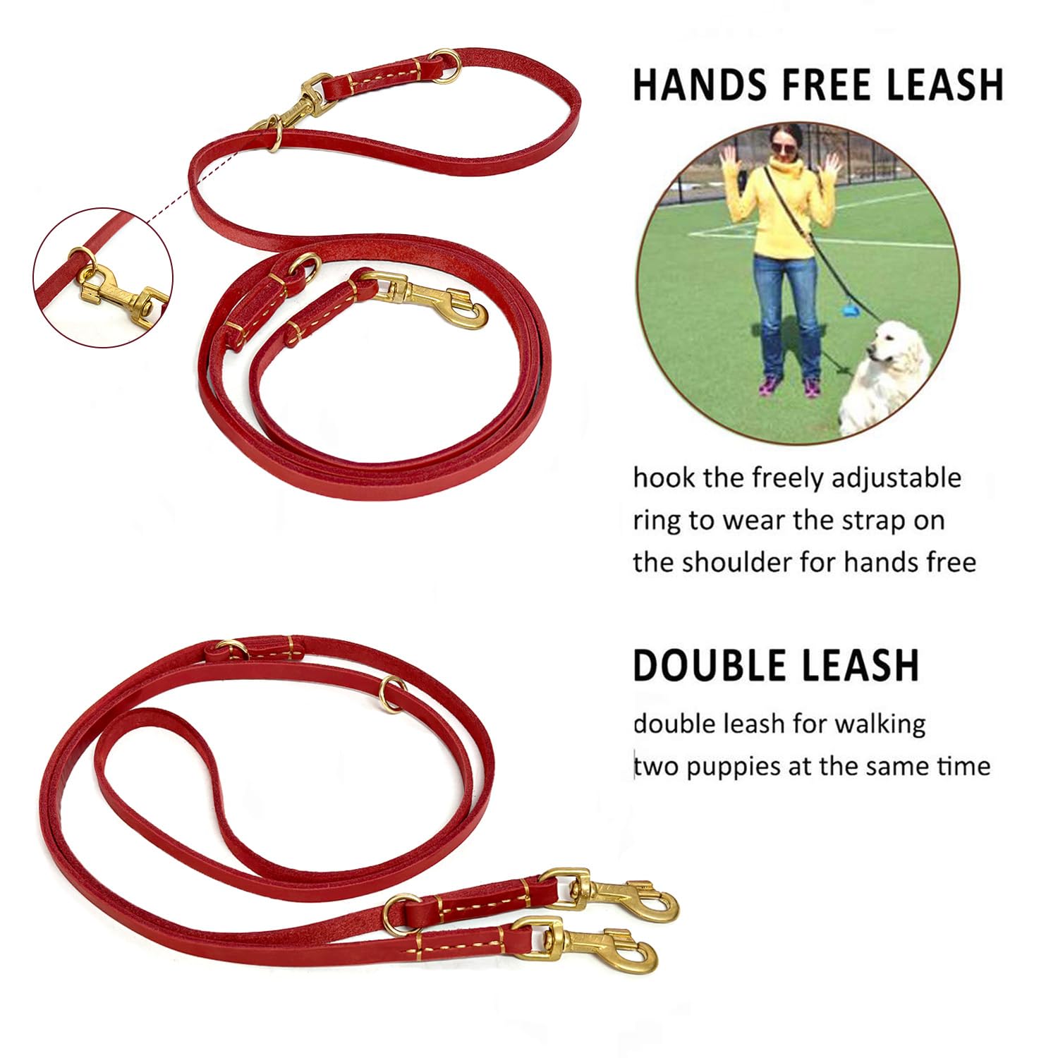 Guiding Star Leather Dog Leash 8Ft, Soft Multi-Function 6 In 1 Leather Training Walking Leash, Hands Free Leather Leash, Dual, Crossbody Dog Leash For Small, Medium And Large Dogs, Service Dogs,Red