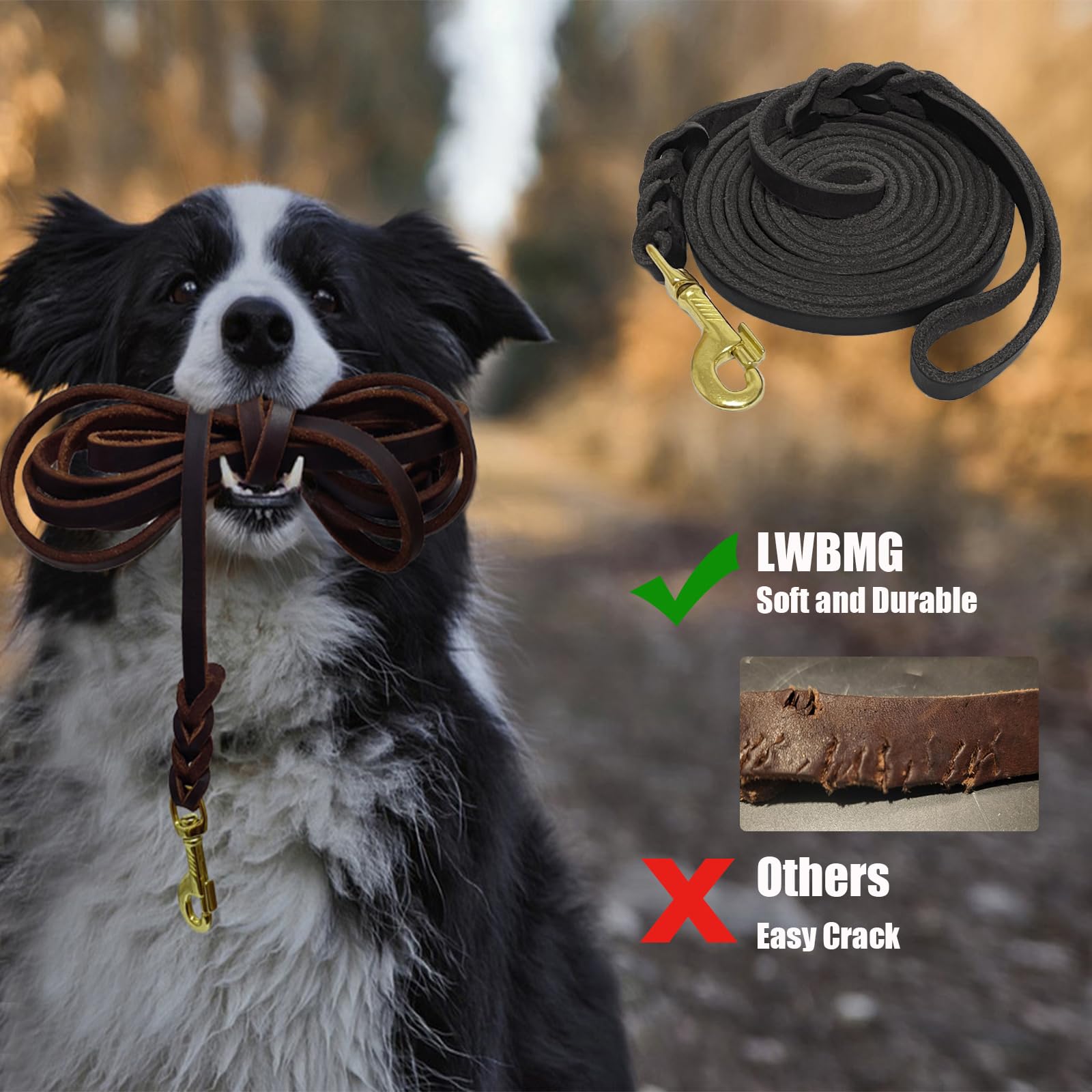 Lwbmg Long Leather Dog Leash 15Ft,Long Line Pet Leashes,Strong Sturdy Genuine Leather Braided Dog Lead, Soft And Comfortable Lea