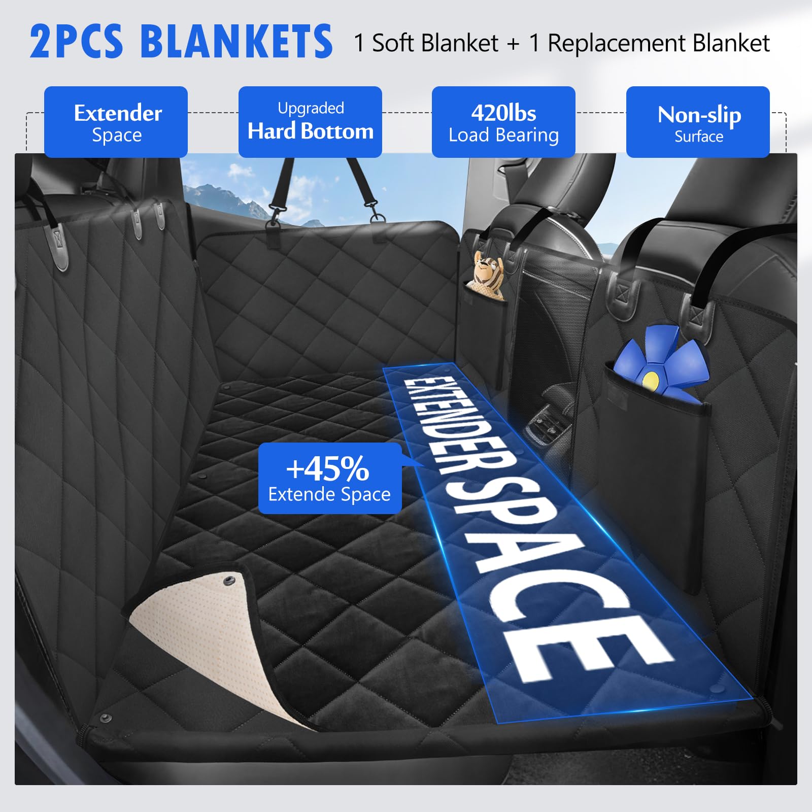 Rouwinne Back Seat Extender For Dogs-With Removable Soft Blankets, Hard Bottom Dog Car Seat Cover For Back Seat, Sturdy Backseat