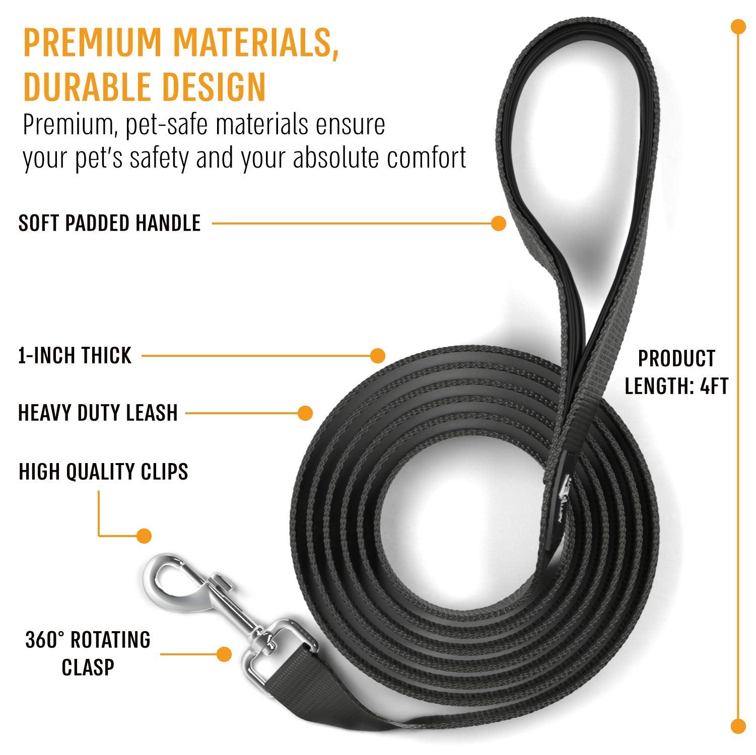 Active Pets Strong Dog Leash With Padded Handle, Durable Comfort Grip For Large & Medium Dogs, Up To 6Ft Adjustable Training Lead, 1 In X4 Ft, Black