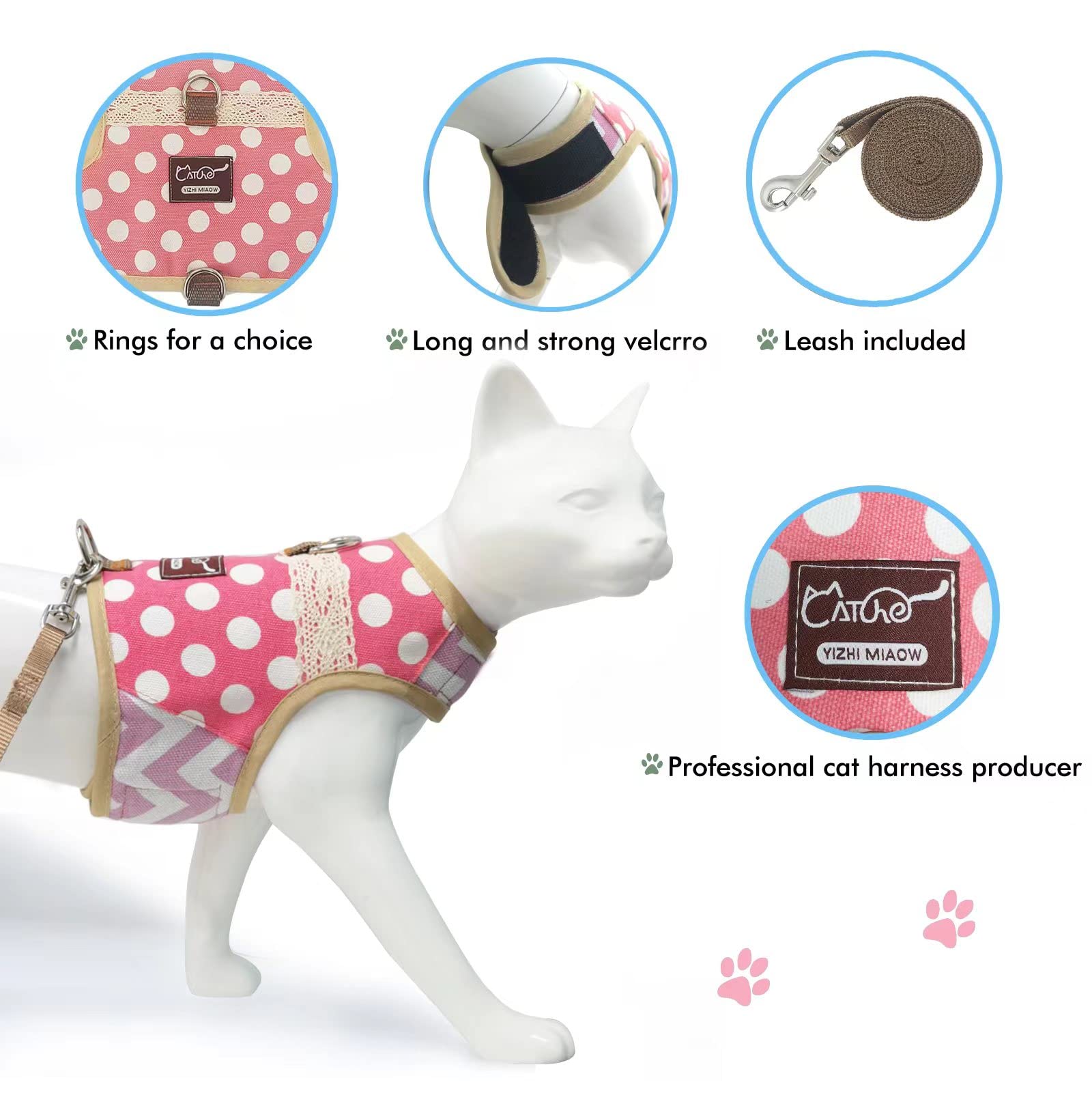 Yizhi Miaow Cat Harness And Leash For Walking Escape Proof, Adjustable Cat Vest Harness, Padded Stylish Cat Walking Jackets, Polka Dot Pink, Small