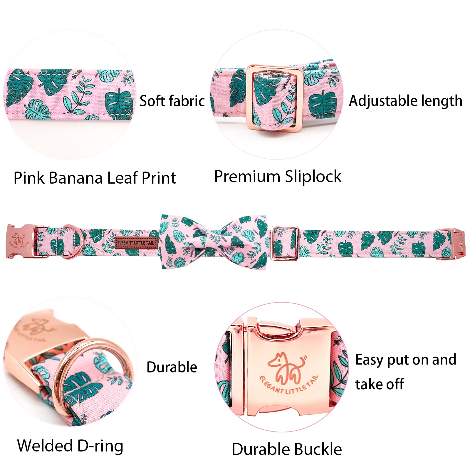 Elegant little tail Dog Collar, Pink Bandana Leaf Dog Collar with Bow Girl Dog Collar Pet Collars Soft Dog Bowtie Adjustable Dog