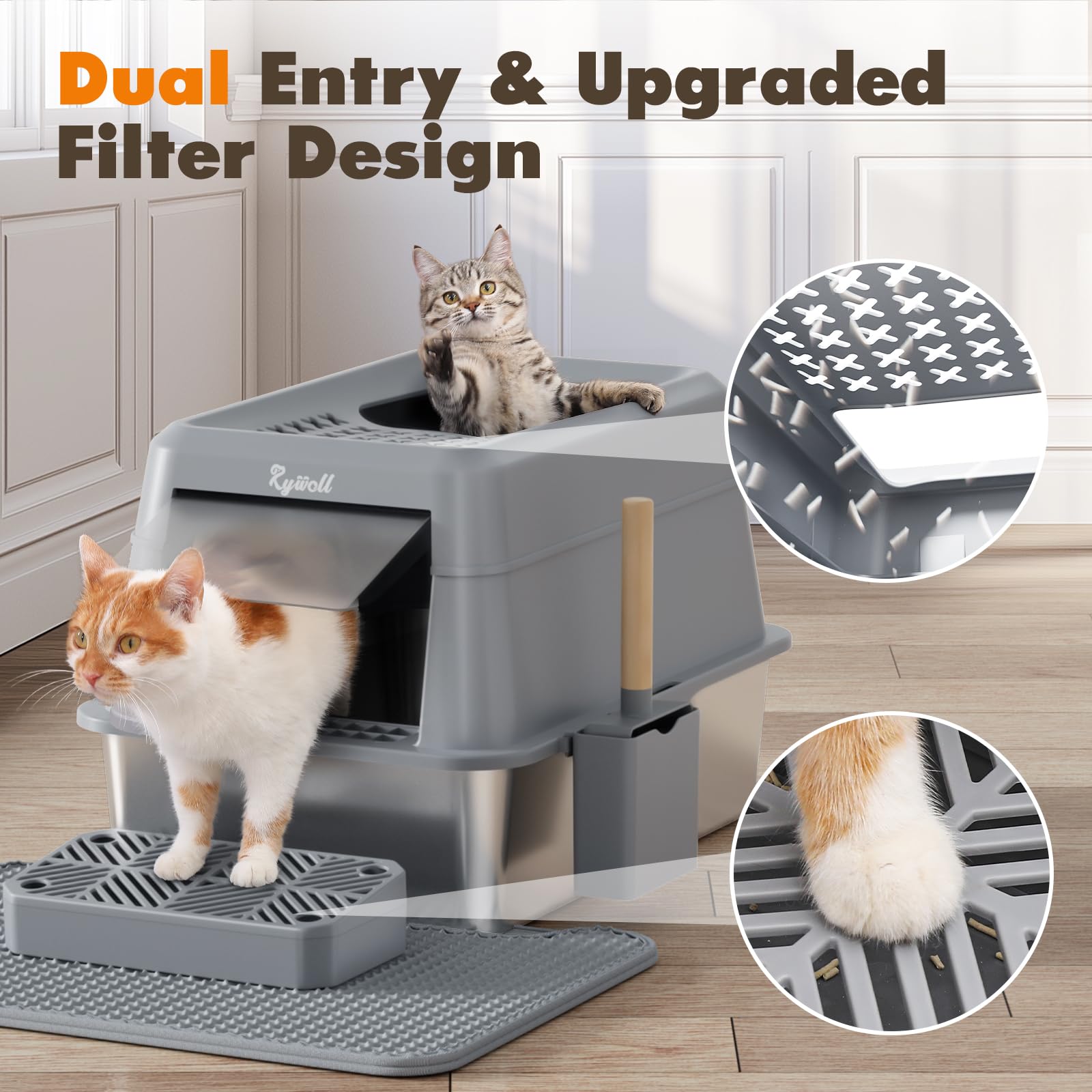 Rywell Stainless Steel Litter Box, Covered Xl Extra Large Cat Litter Box Enclosure, Metal Kitty Litter Boxes With Lid, Litter Sc