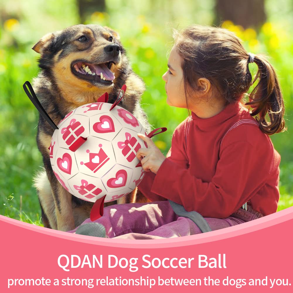Qdan Pink Dog Toys Soccer Ball With Straps,Interactive Dog Toys For Tug Of War,Puppy Birthday Gifts,Dog Tug Toy,Dog Water Toy,Durable Dog Balls For Medium & Large Dogs(8 Inch)