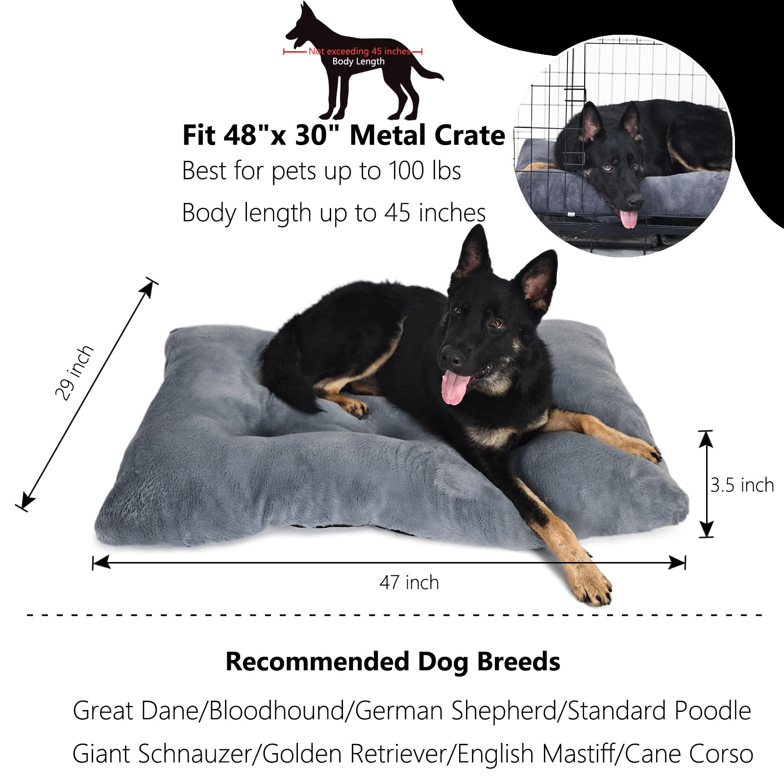 Nononfish 48 Inch Dog Crate Bed For Extra Large Dogs Washable With Anti-Slip Bottom Fit Metal Crates Or Cages,Faux Fur Xxlarge P