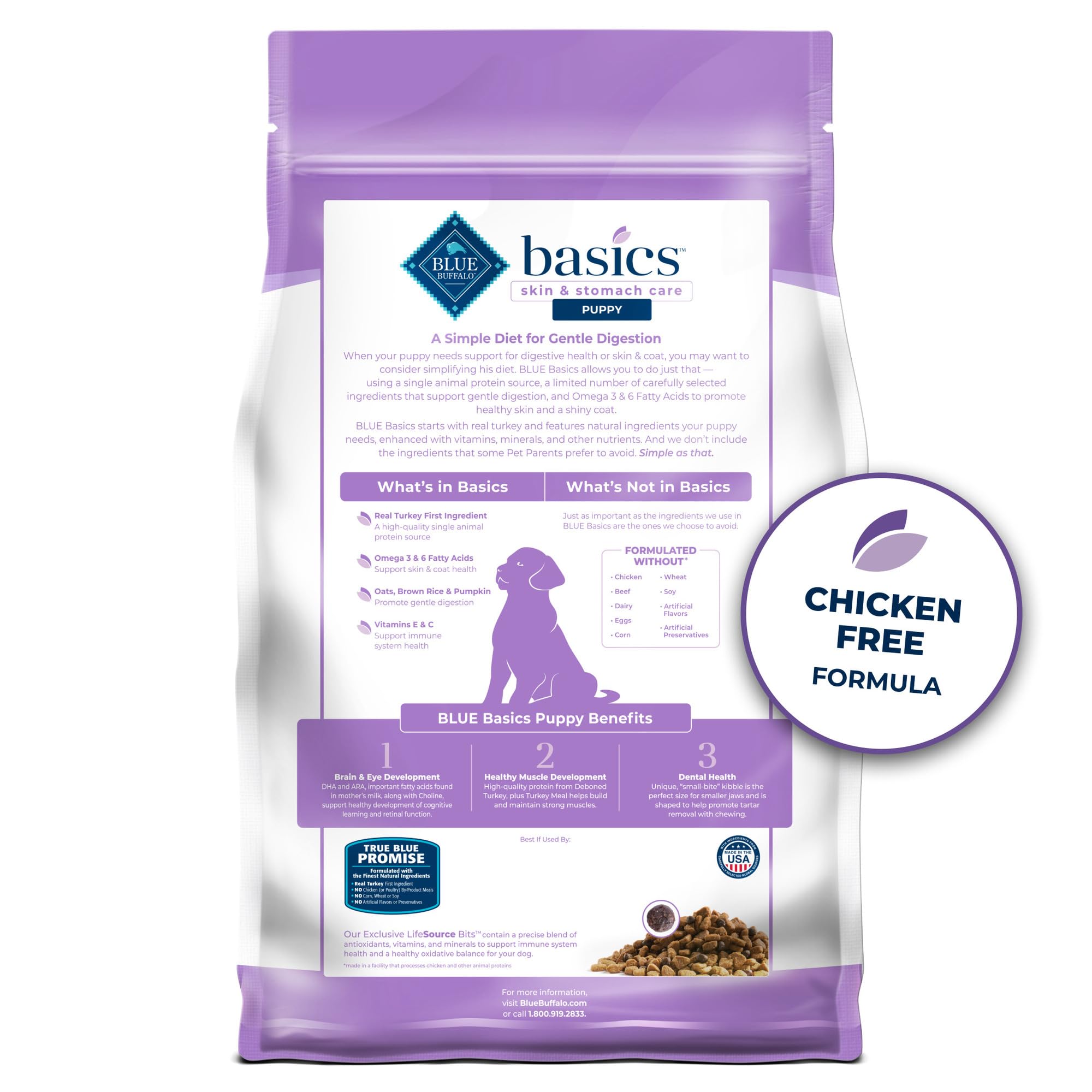 Blue Buffalo Basics Dry Dog Food for Puppies, Skin & Stomach Care, Limited Ingredient Diet for Dogs, Turkey Recipe, 24-lb. Bag