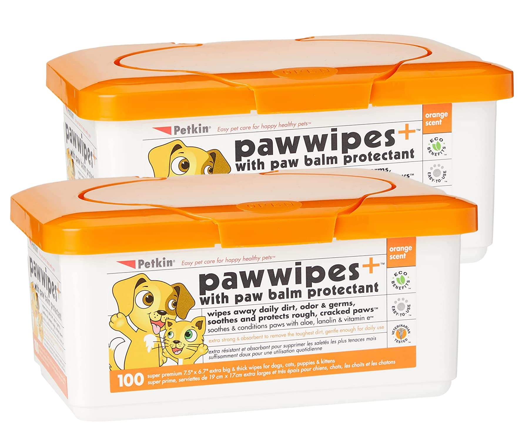 Petkin Paw Wipes Plus, 200 Orange Scented Wipes, 2 Pack - Absorbent Pet Paw Wipes Remove Daily Dirt & Odors - Enriched With Paw 
