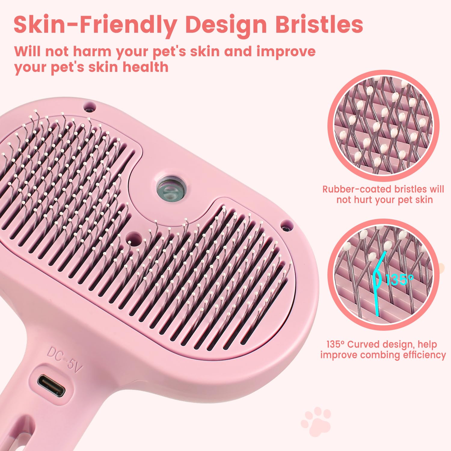 Steam Brush For Shedding Pets - Self-Cleaning Grooming Comb With Water Tank For Long & Short Haired Cats And Dogs (Pink)