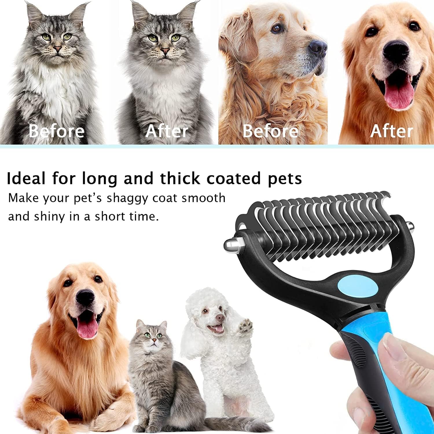 Hikster Dematting Comb For Dogs & Cats With Stainless Steel Rake Comb, Double Sided Pet Grooming Tools, Furever Brush, Cat Dematting Tool, Undercoat Rake For Small, Medium & Large Hairs Coat