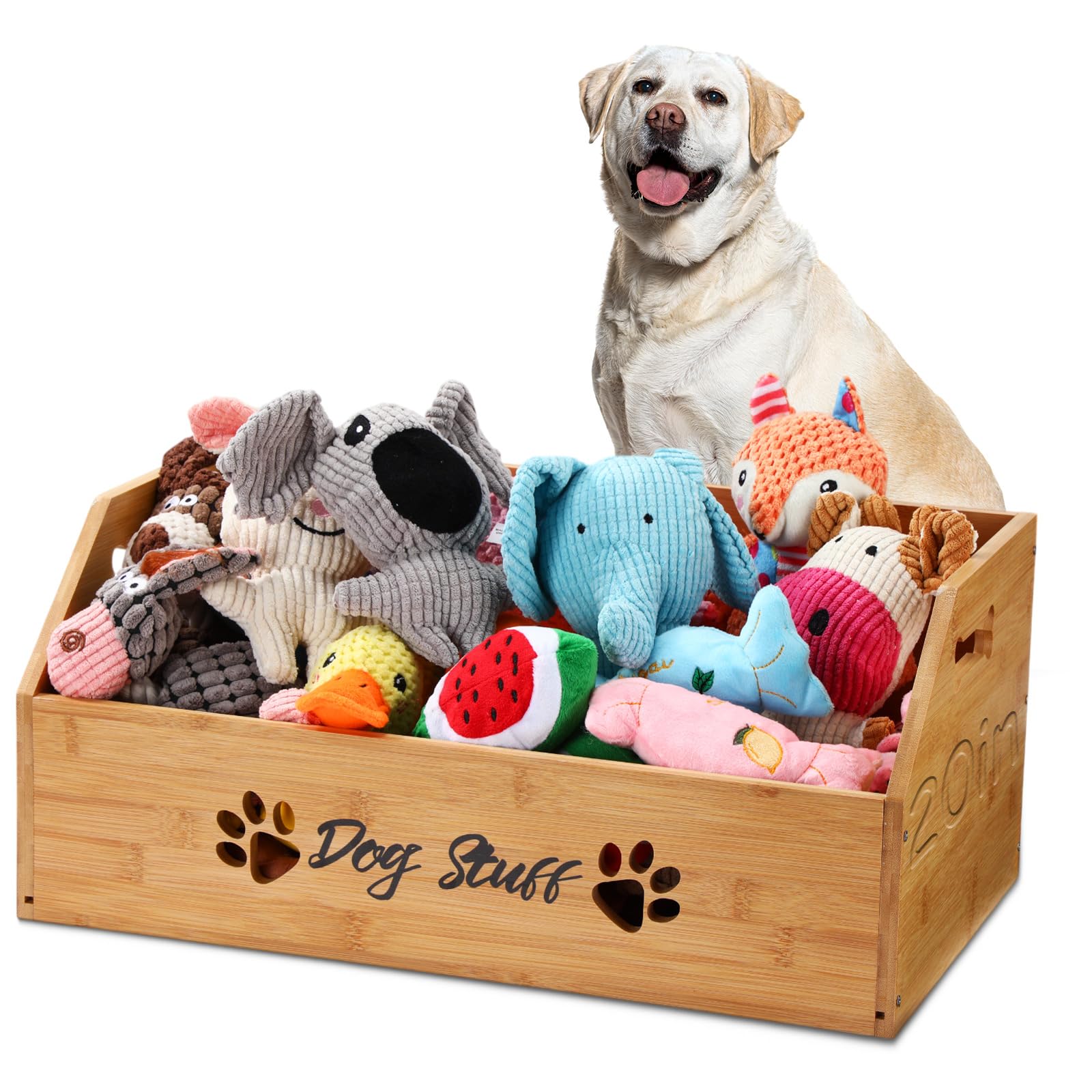 Leinuosen Dog Stuff Bin, 20  Large Bamboo Stuff Toy Storage Basket Bin with Bone Handle and Cutout Pattern, Container for Organ