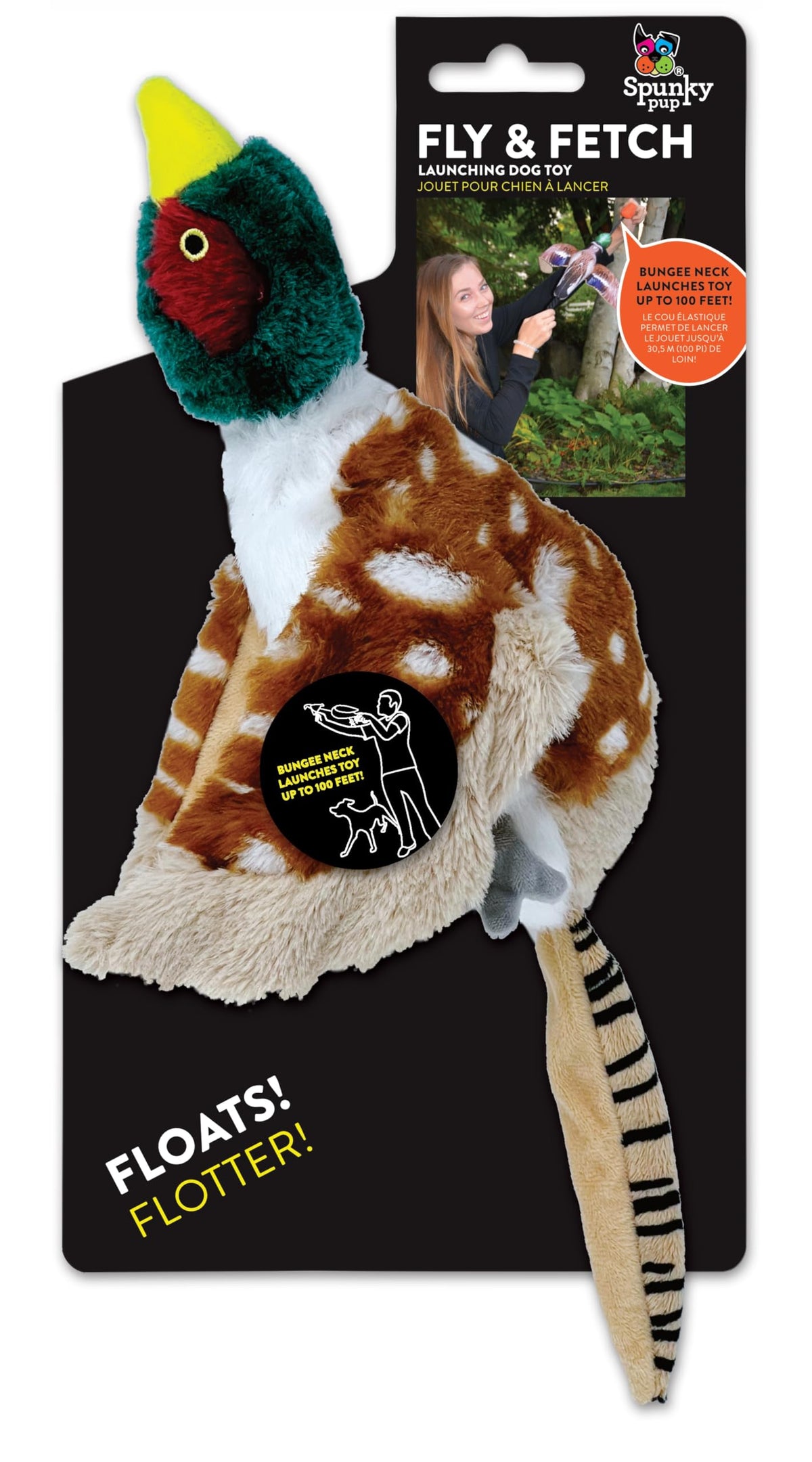 Spunky Pup Fly & Fetch Dog Toy - Durable, Floating, Interactive Bungee Launcher For Fetch And Water Play, Plush Pheasant