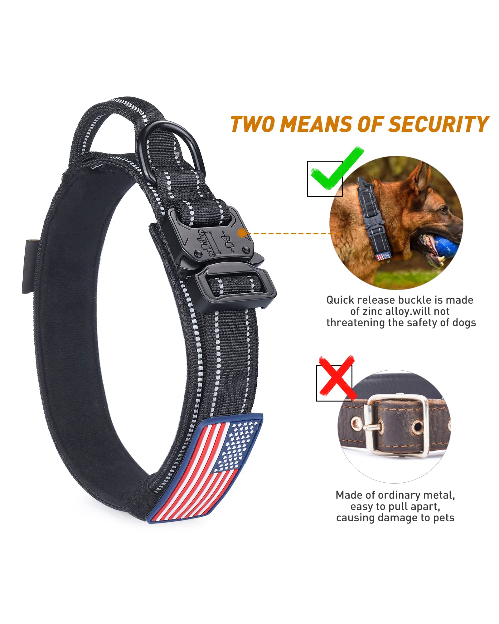 Reflective Dog Collar, Aubeel Tactical Dog Collar For Medium Large Dogs, Heavy Duty Dog Collars With Handle And Metal Buckle Great For German Shepherd, With Airtag Holder And 2 Patches(Black, L)