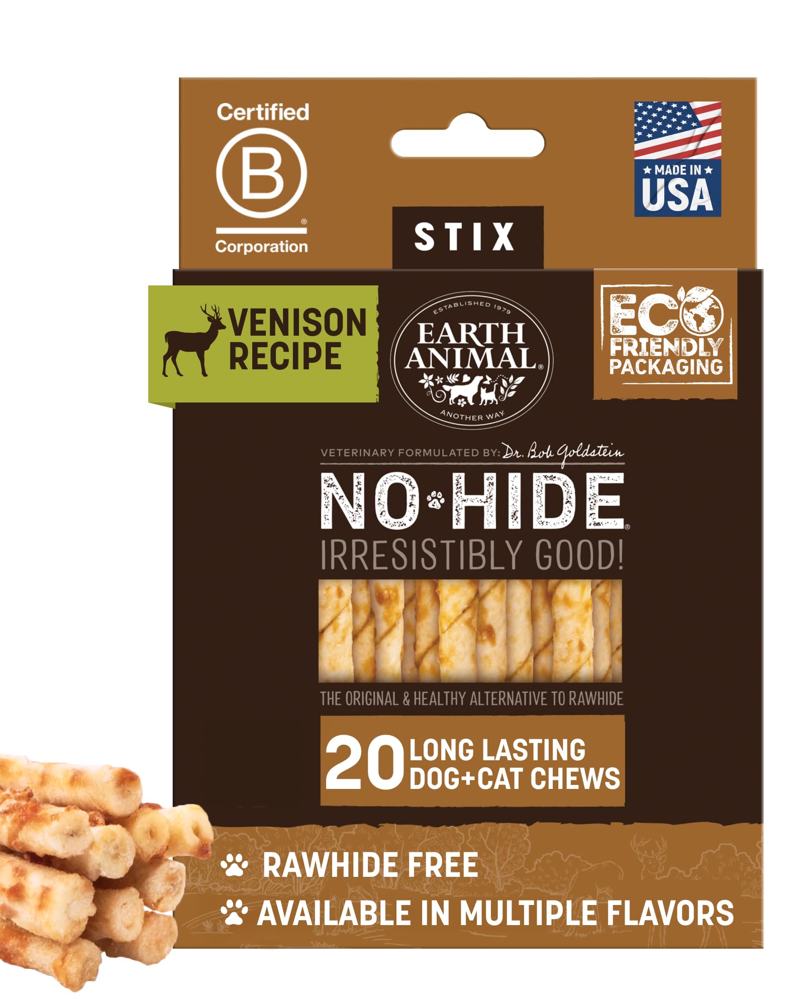 Earth Animal No Hide Stix - Long Lasting Rawhide Free Small Dog Chews Sticks, Venison - 20 Count Value Pack