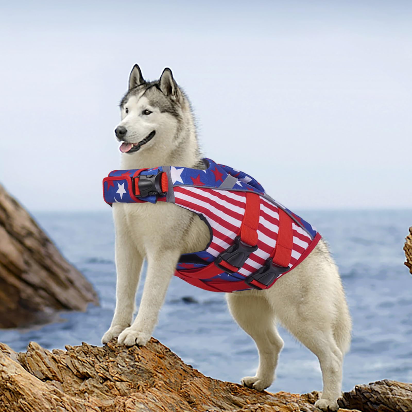 Kuoser Dog Life Jacket XL - American Flag, Reflective Nylon Vest for Large Dogs, High Flotation, Chest Girth 25.9-33.4''