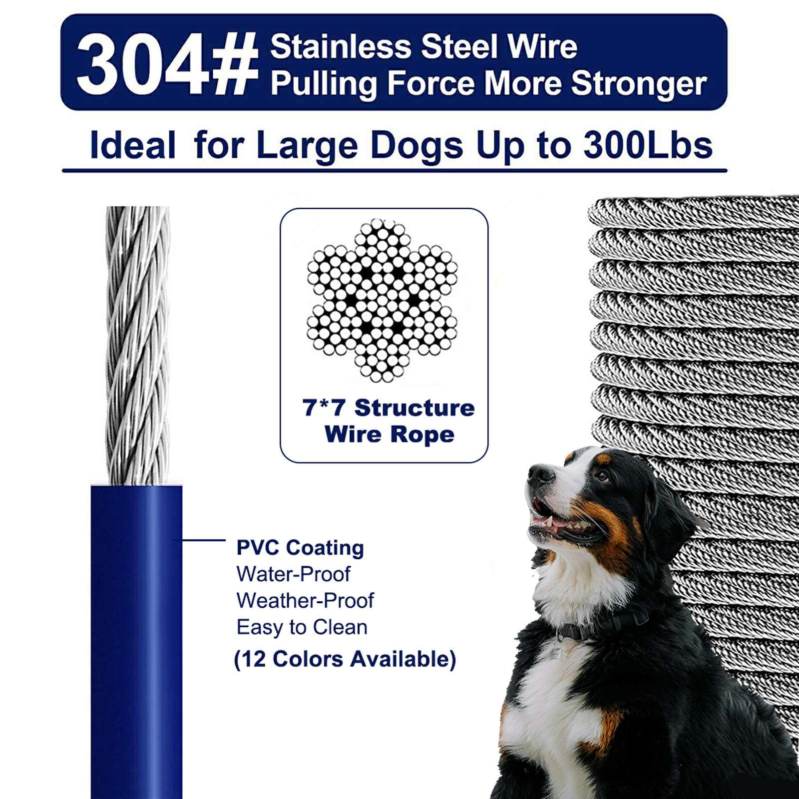 WATFOON Tie Out Cable for Large Dogs, 100ft Heavy Duty Steel Wire, Blue, Model TO01, Perfect for Yard, Camping, and Beach Use