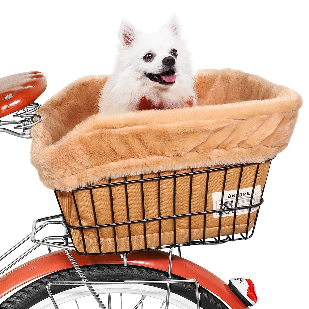 Anzome Dog Bike Basket Liner, Warm And Soft Small Pets Bike Basket Cover With Durable Canvas Outside,Easy To Install Comfort Padded Bike Basket Liner For Dog Carrier(Basket Not Included)-Brown