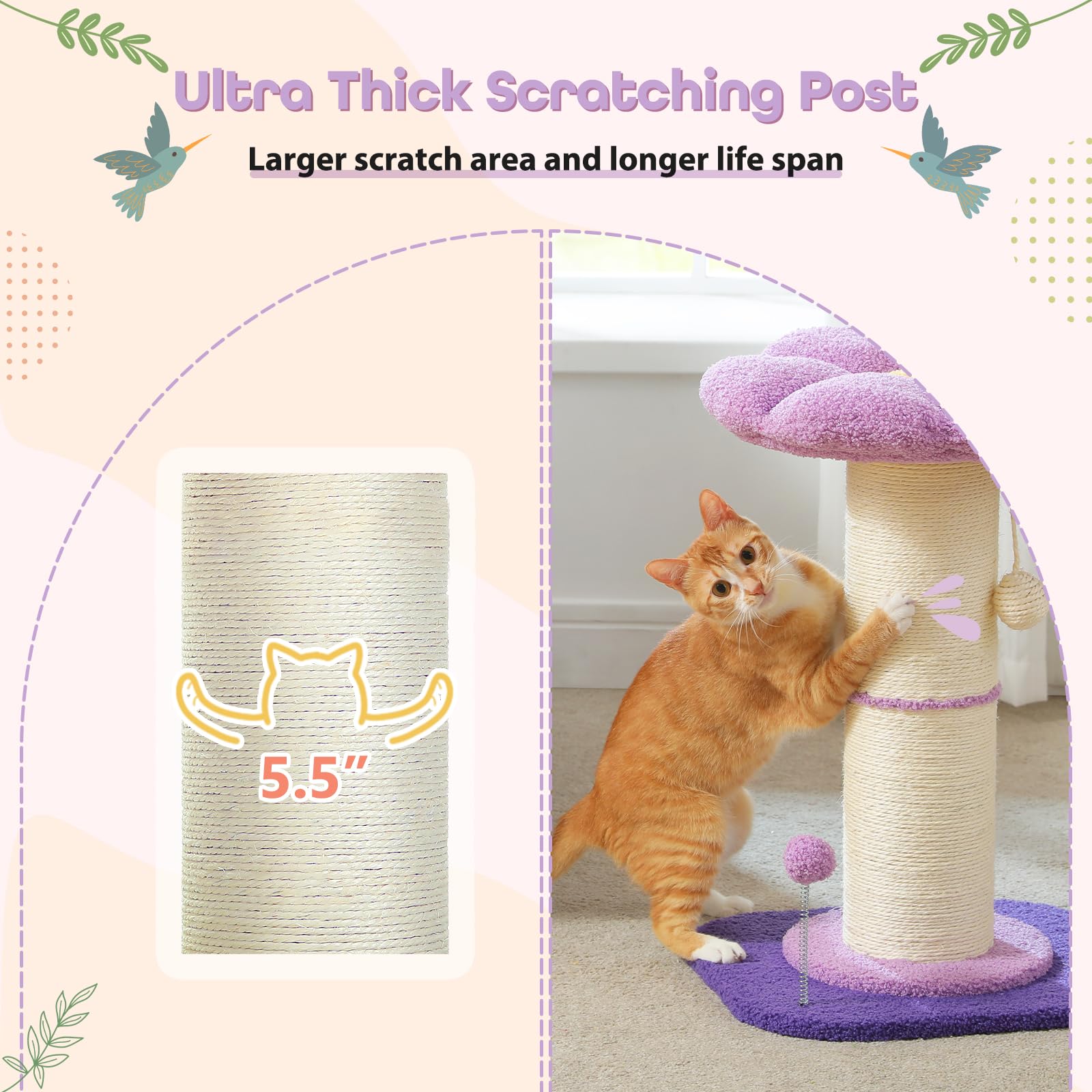 Pequlti Flower Cat Scratching Post, Small Tree, Tall Scratcher For Indoor Cats With Super Thick Post [Dia=5.5''], Removable Flow