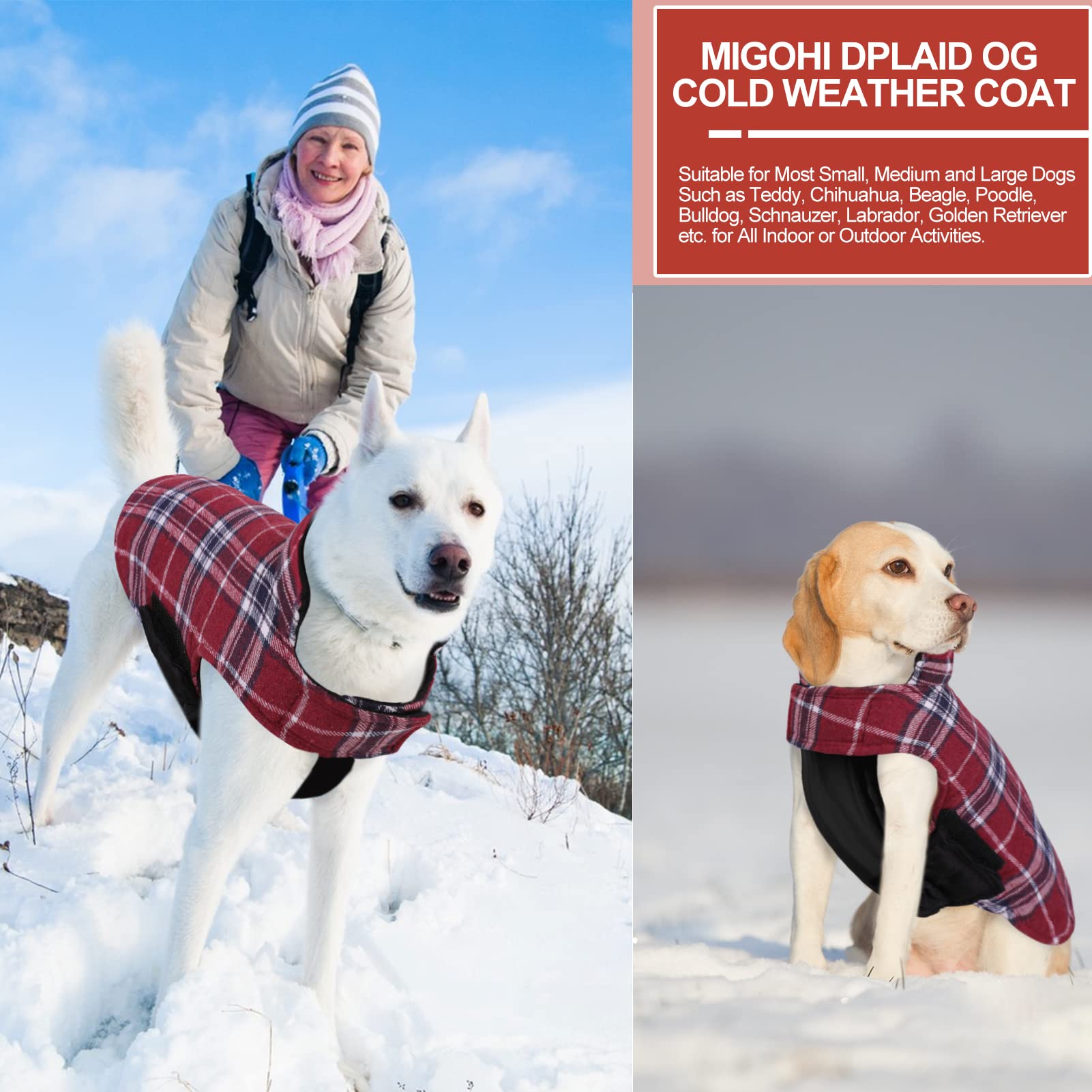 MIGOHI Dog Jackets for Winter, Windproof Waterproof Reversible Dog Coat for Cold Weather, British Style Plaid Warm Dogs Vest for