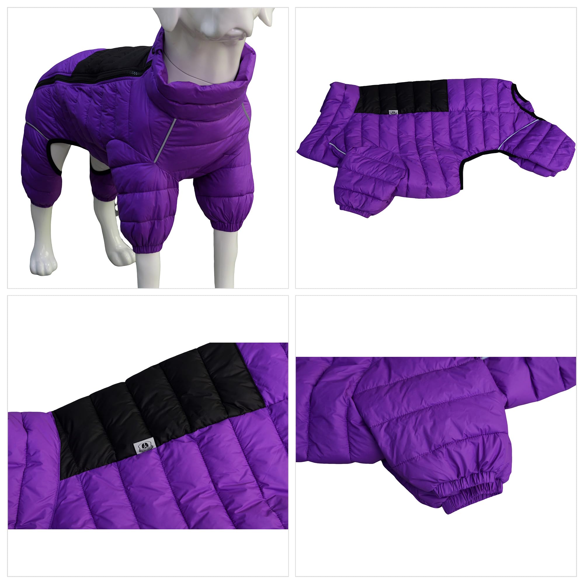 Dog Jacket 4-Leg Cover, Waterproof Windproof Reflective Warm Vest for Indoor/Outdoor, Adjustable Zippered, Medium Large Dogs, Pu