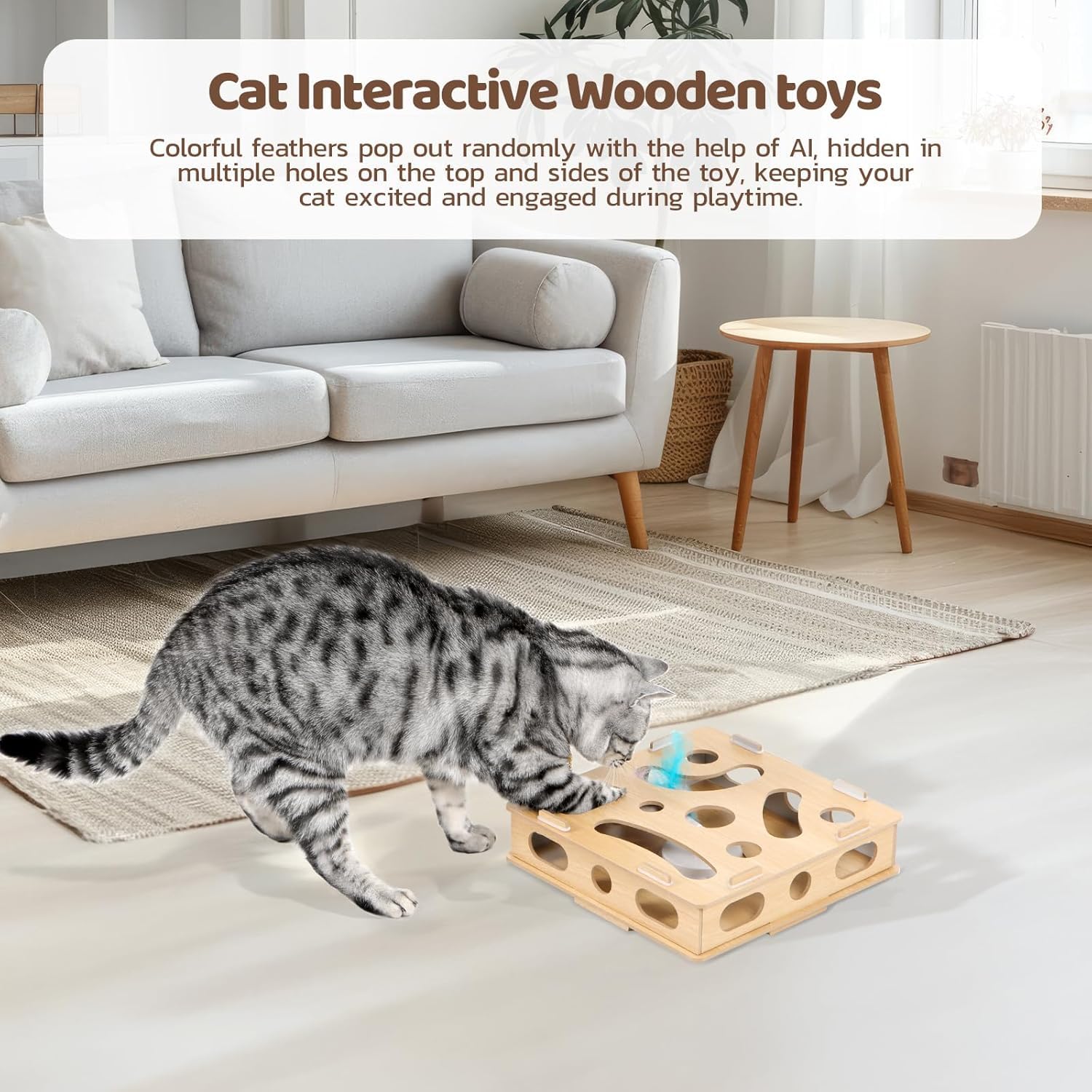 Kimwina Interactive Puzzle Cat Toys For Indoor Cats: Cat Puzzle Toy Box With Electric Rotating Feather, Low-Noise Motor, Durable