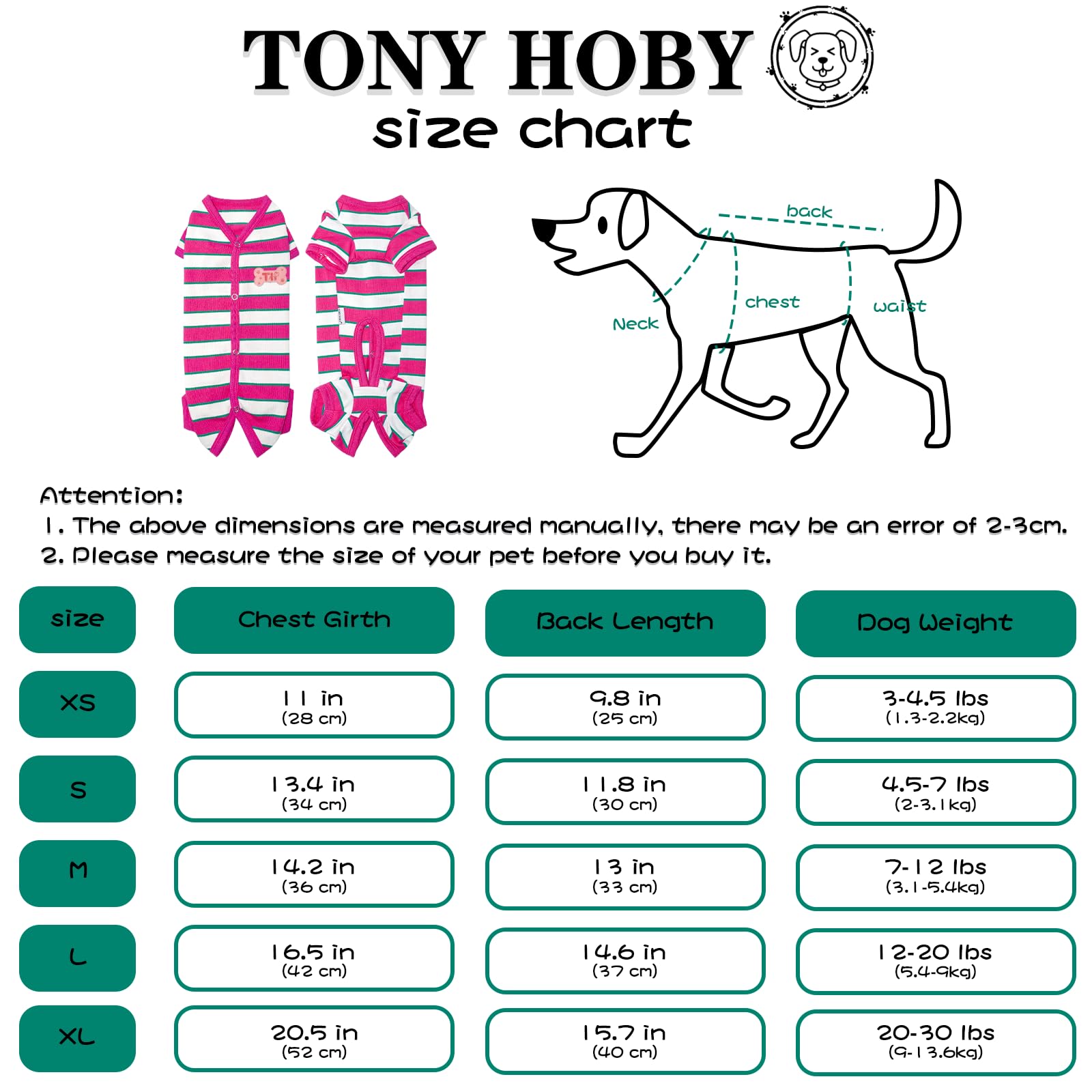 Tony Hoby Male Dog Pajamas, Dog Pajamas Jumpsuit, Rose Red & White, Boy, L